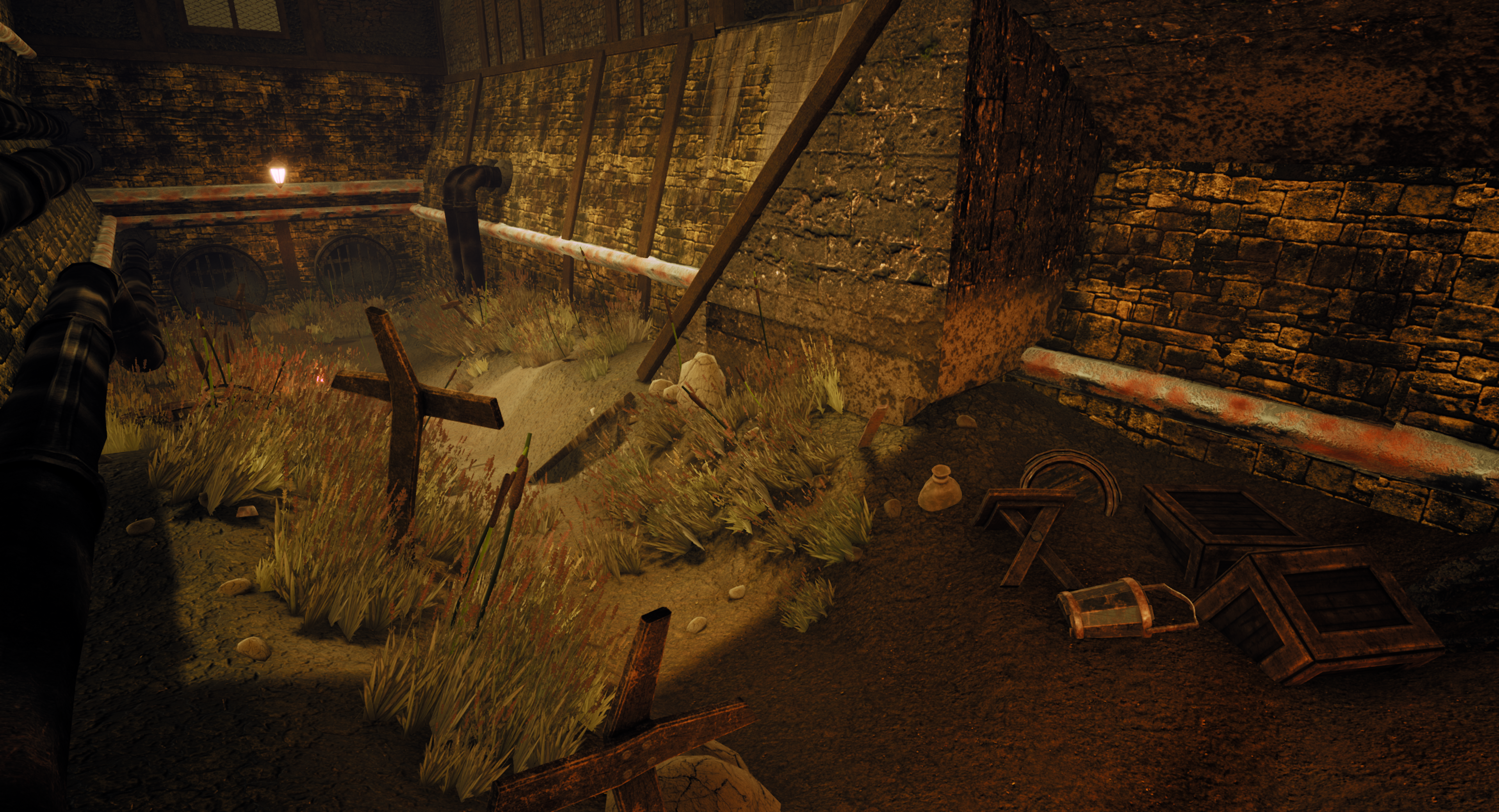 An Unreal Engine Render of the environment showing the canal full of weeds, mud, and dirty water leading toward drainage all brightly lit