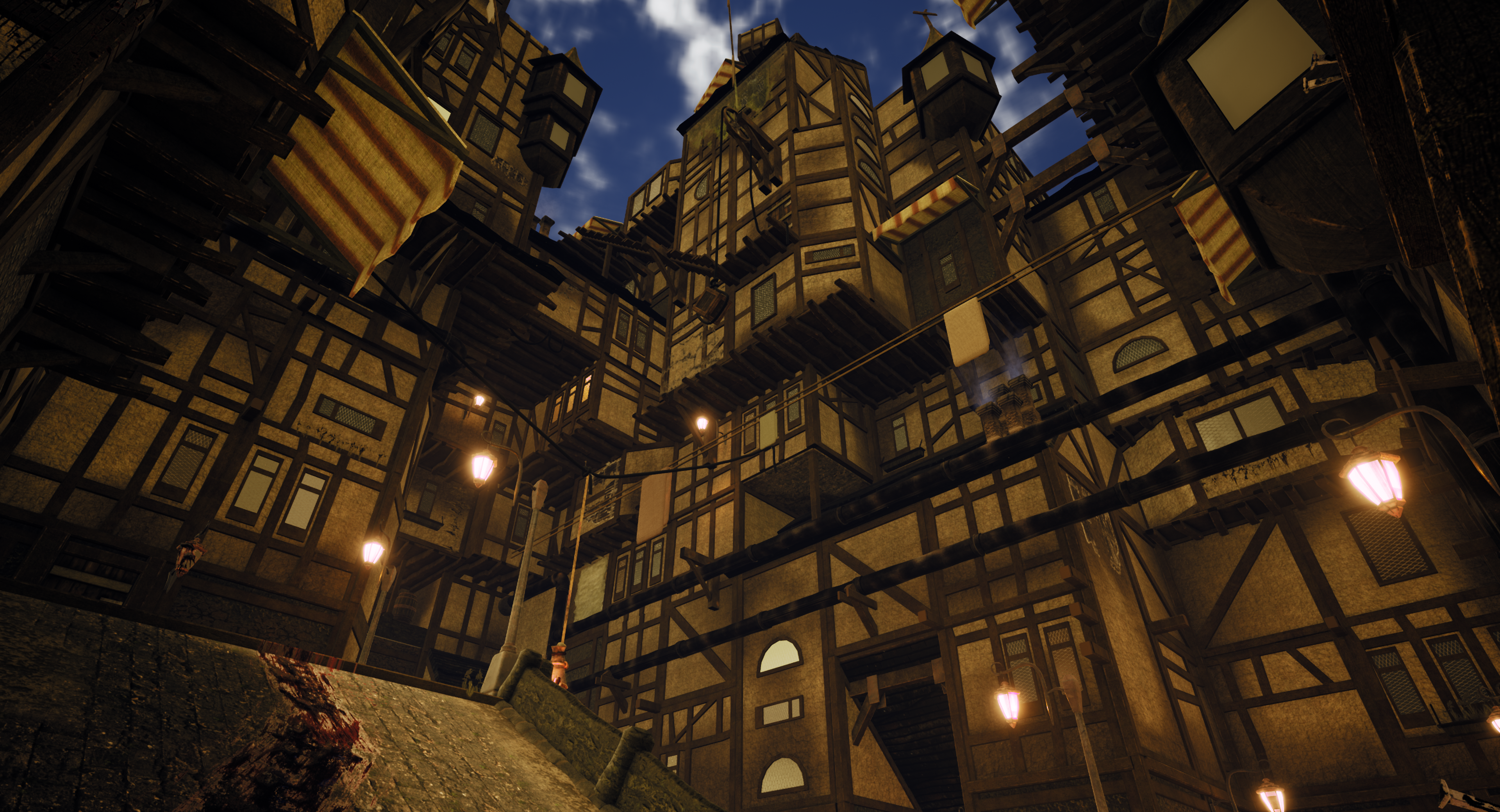 An Unreal Engine Render of the environment showing the bright morning sky and many stories of tudor style buildings