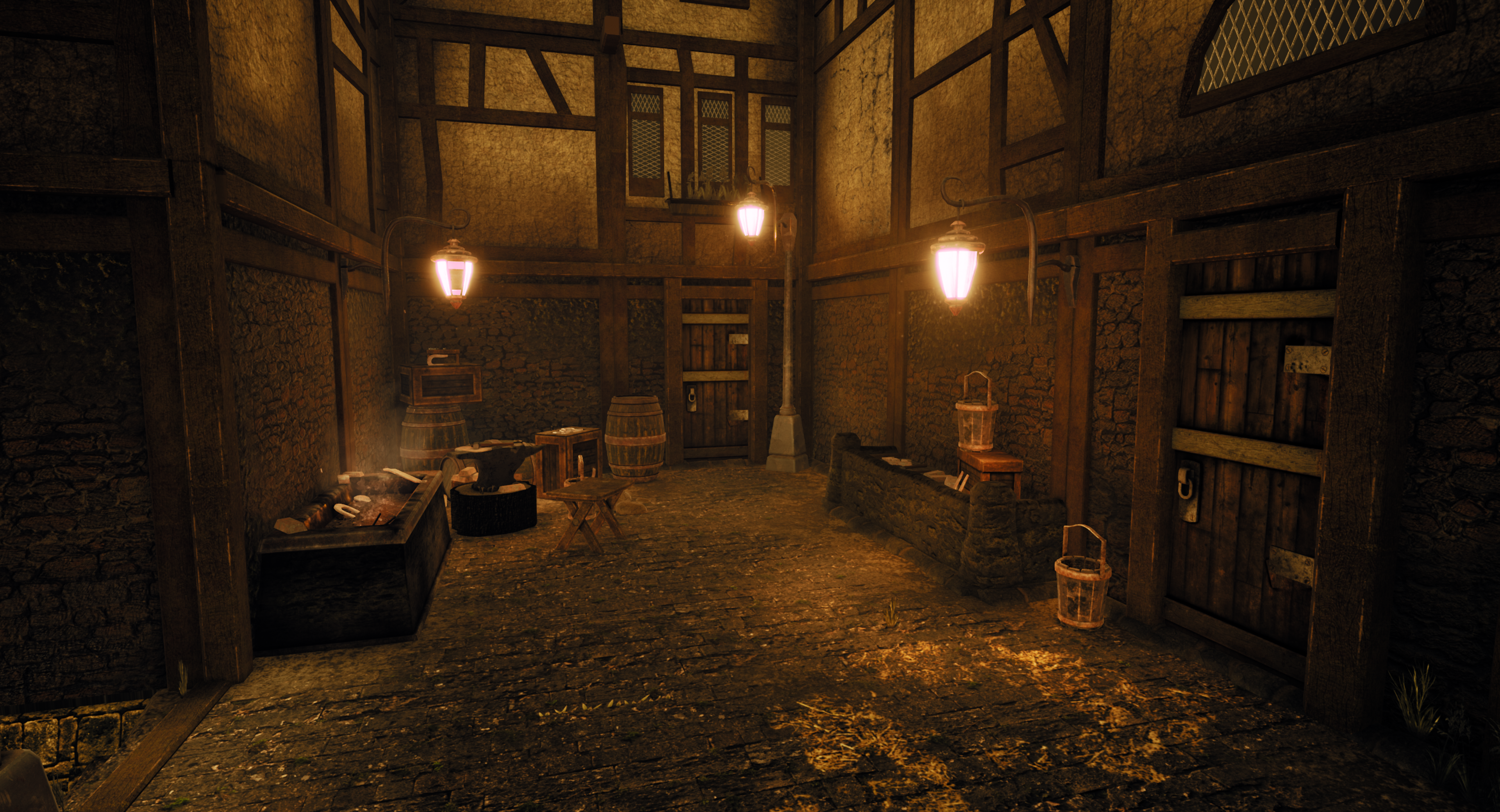 An Unreal Engine Render of the environment showing the back alleys of the environment brightly lit, showing the blacksmith's workshop