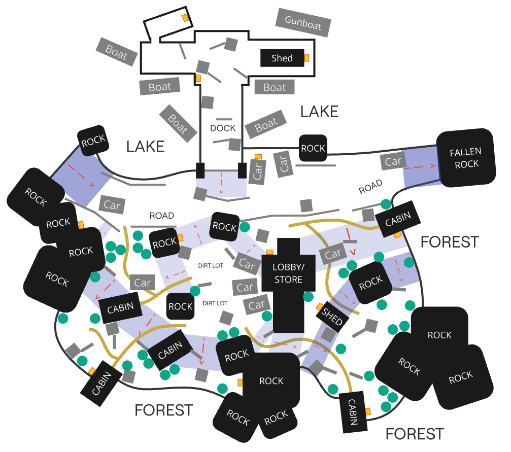 A simple top down level sketch of a forested lake cabin resort