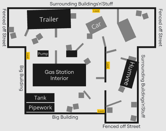 A simple top down level sketch of a gas station and surrounding streets