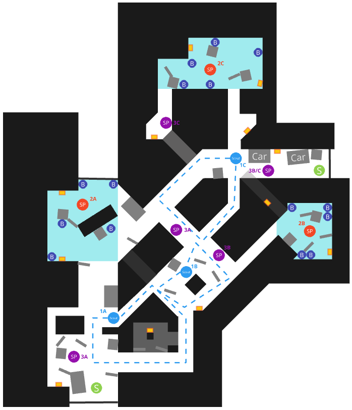 A simple top down level sketch of a dense network of alleys