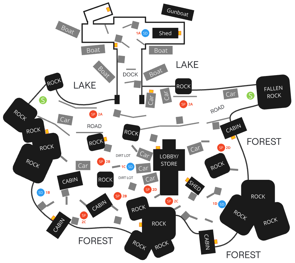 A simple top down level sketch of a lakside cabin resort