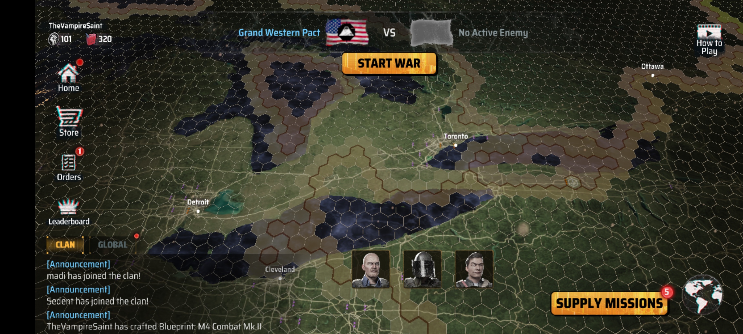 A Screenshot of the game Madworld showing several clans in North America