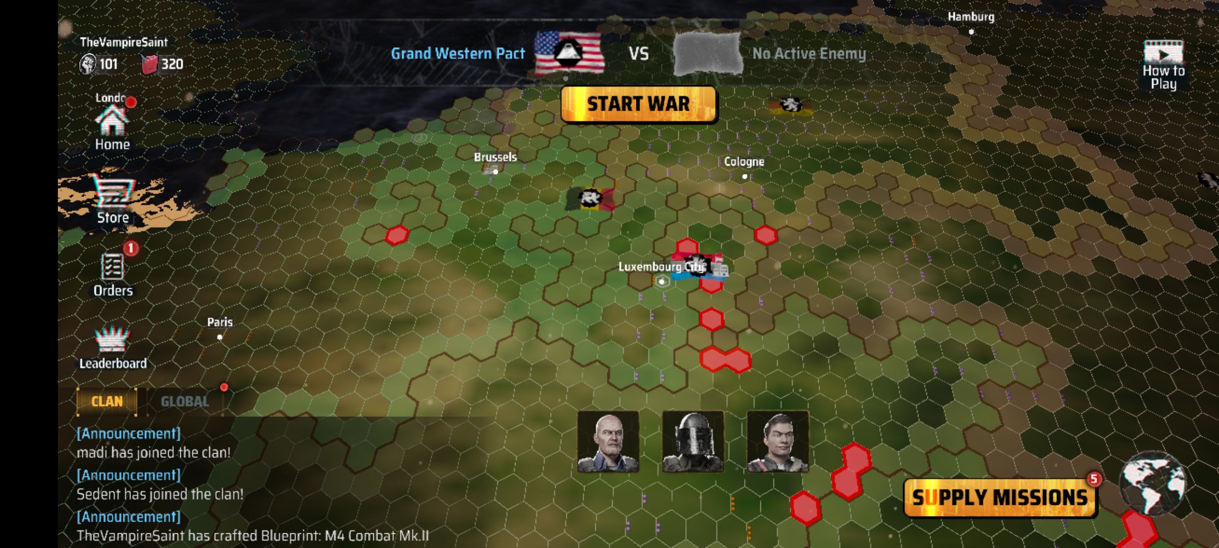 A Screenshot of the game Madworld showing several clans in Europe