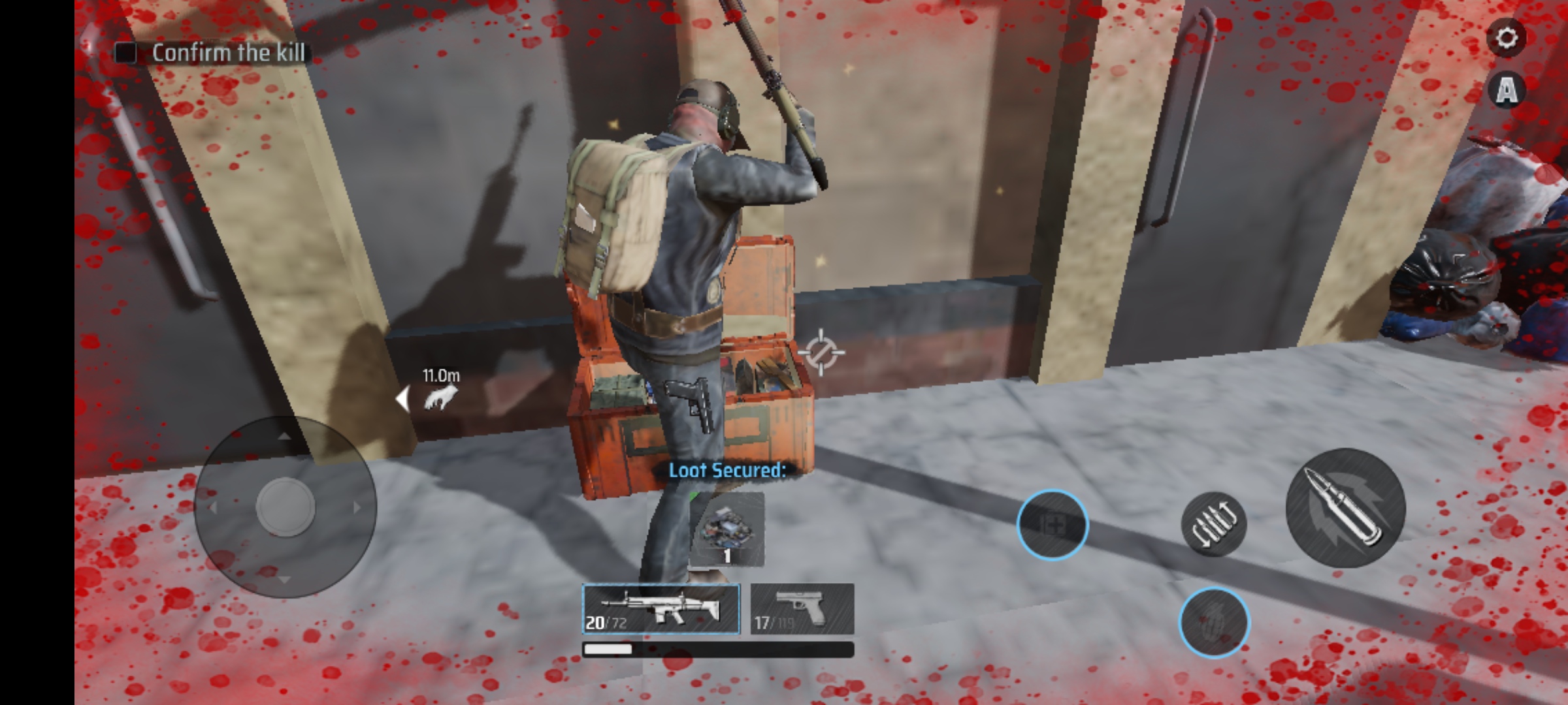 A Screenshot of the game MadWorld showing a player collecting loot from a crate in a mission