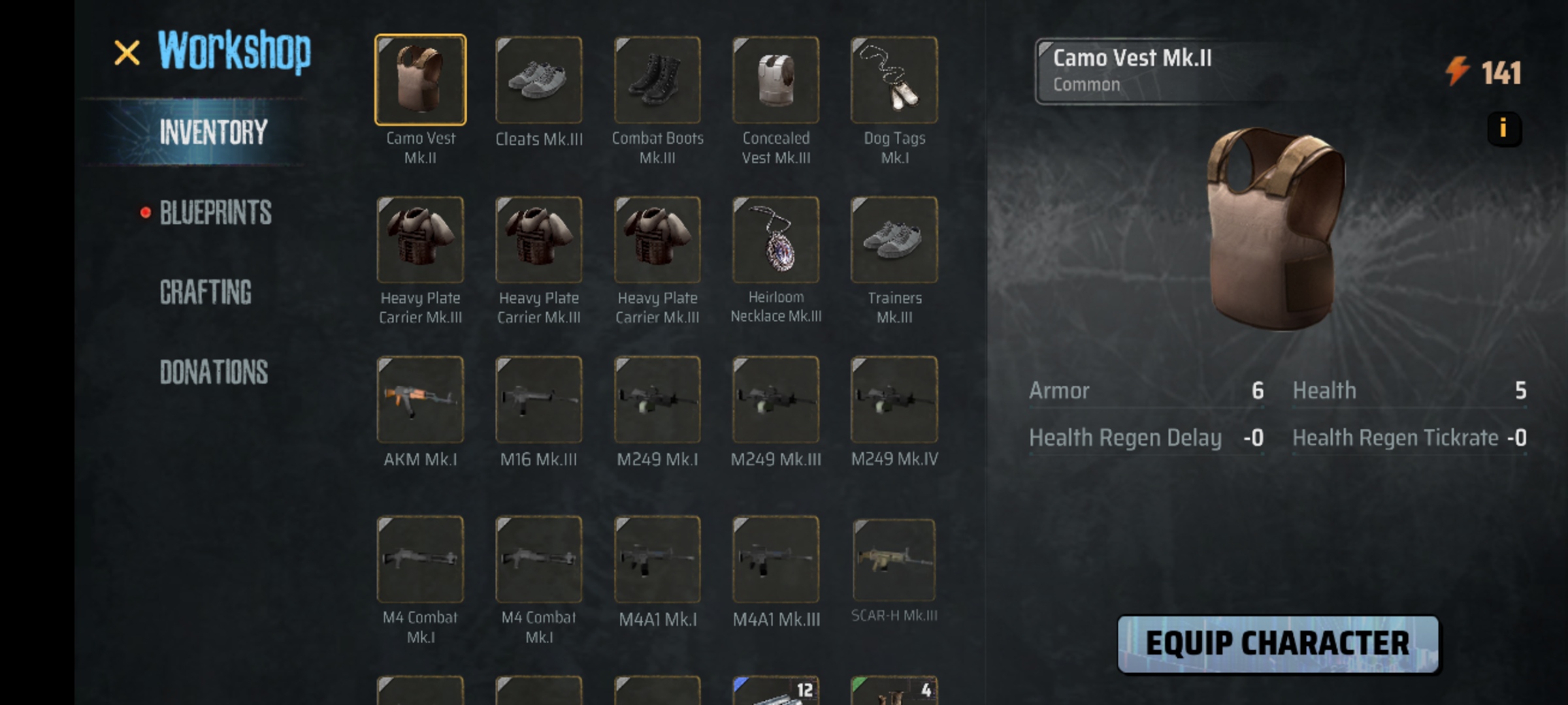 A Screenshot of the game MadWorld showing a player's inventory of Equipment