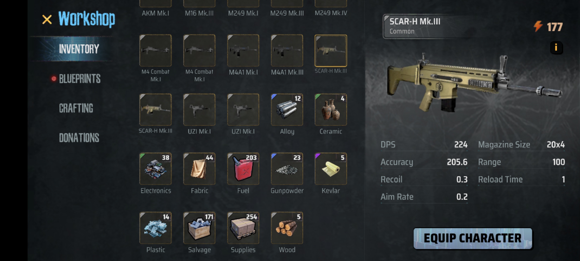 A Screenshot of the game MadWorld showing a player's inventory of Equipment