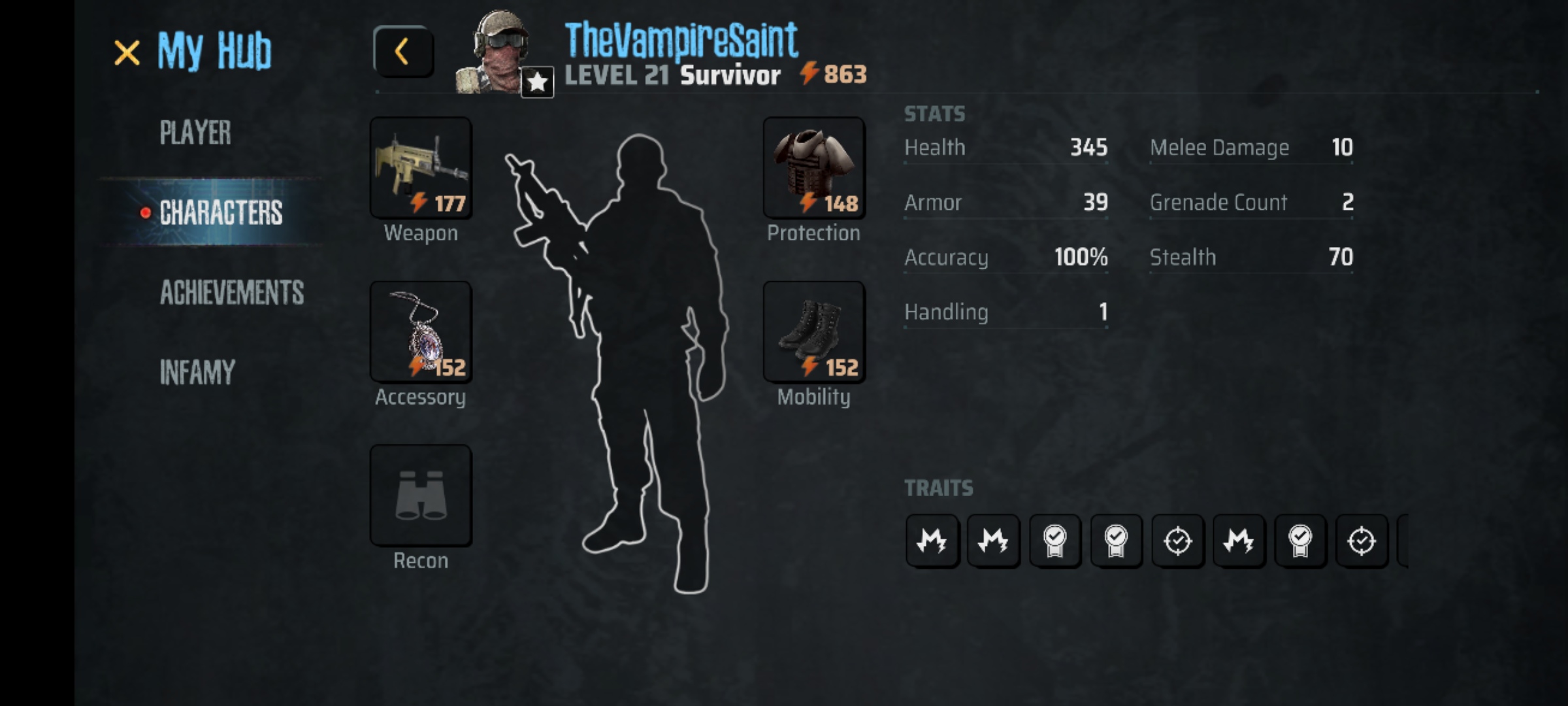 A Screenshot of the game MadWorld showing a player's loadout, attributes, and power level