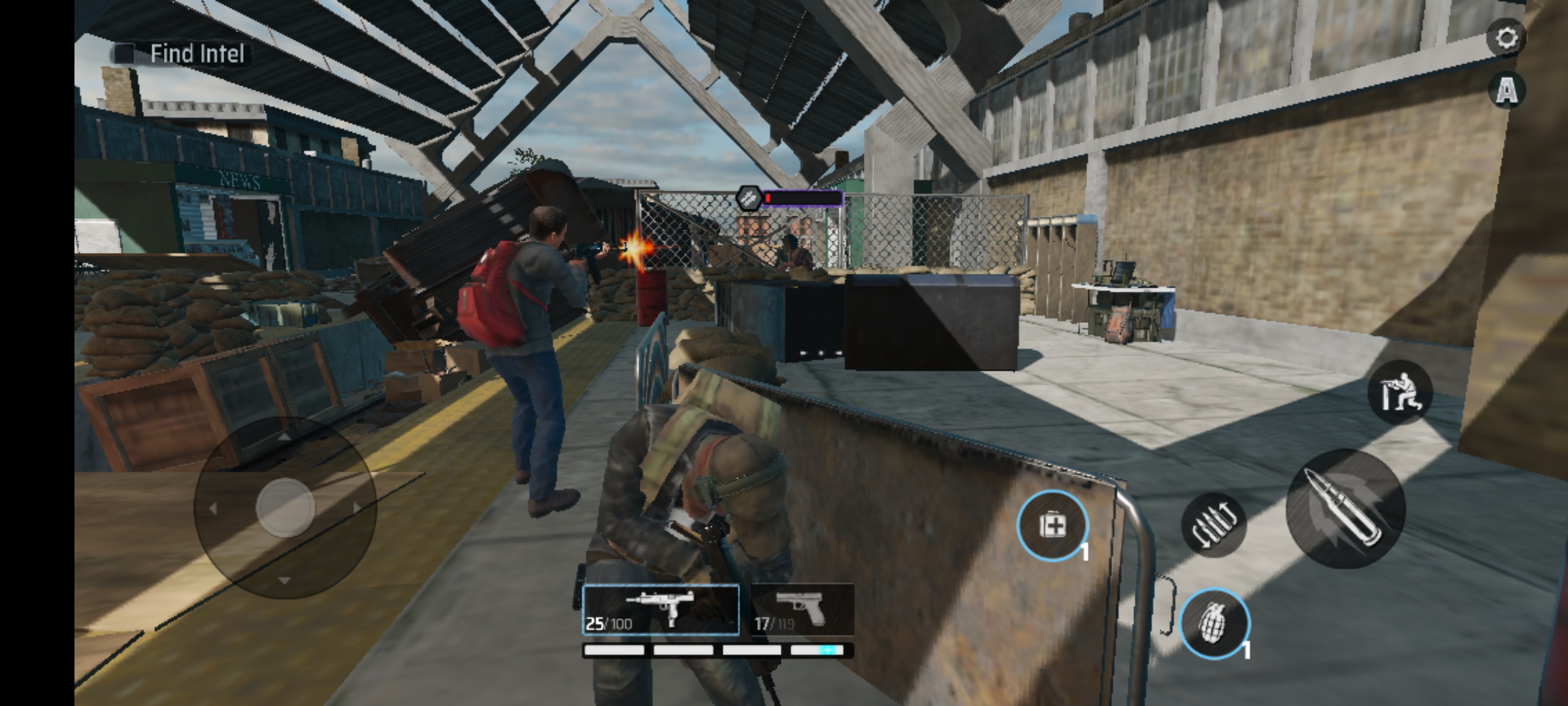 An O3DE screenshot of a third person shooter with a character in cover and a teammate shooting an enemy