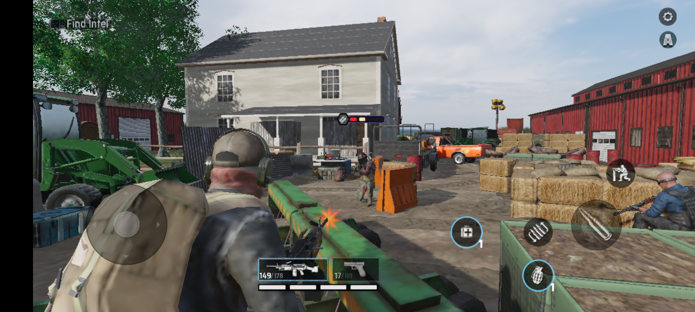 An O3DE screenshot of a third person shooter with a character shooting an enemy with an LMG