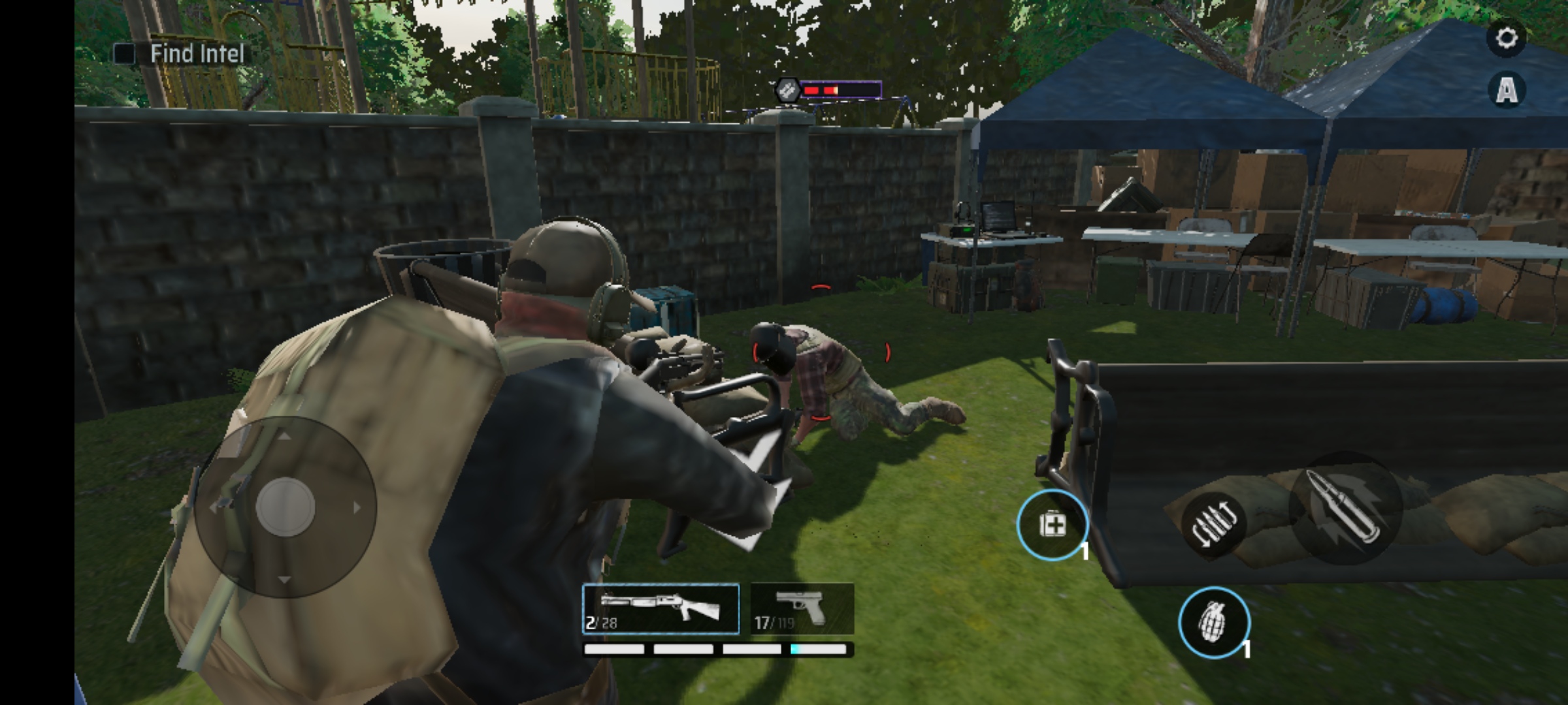 An O3DE screenshot of a third person shooter with a character aiming a shotgun at a fallen enemy