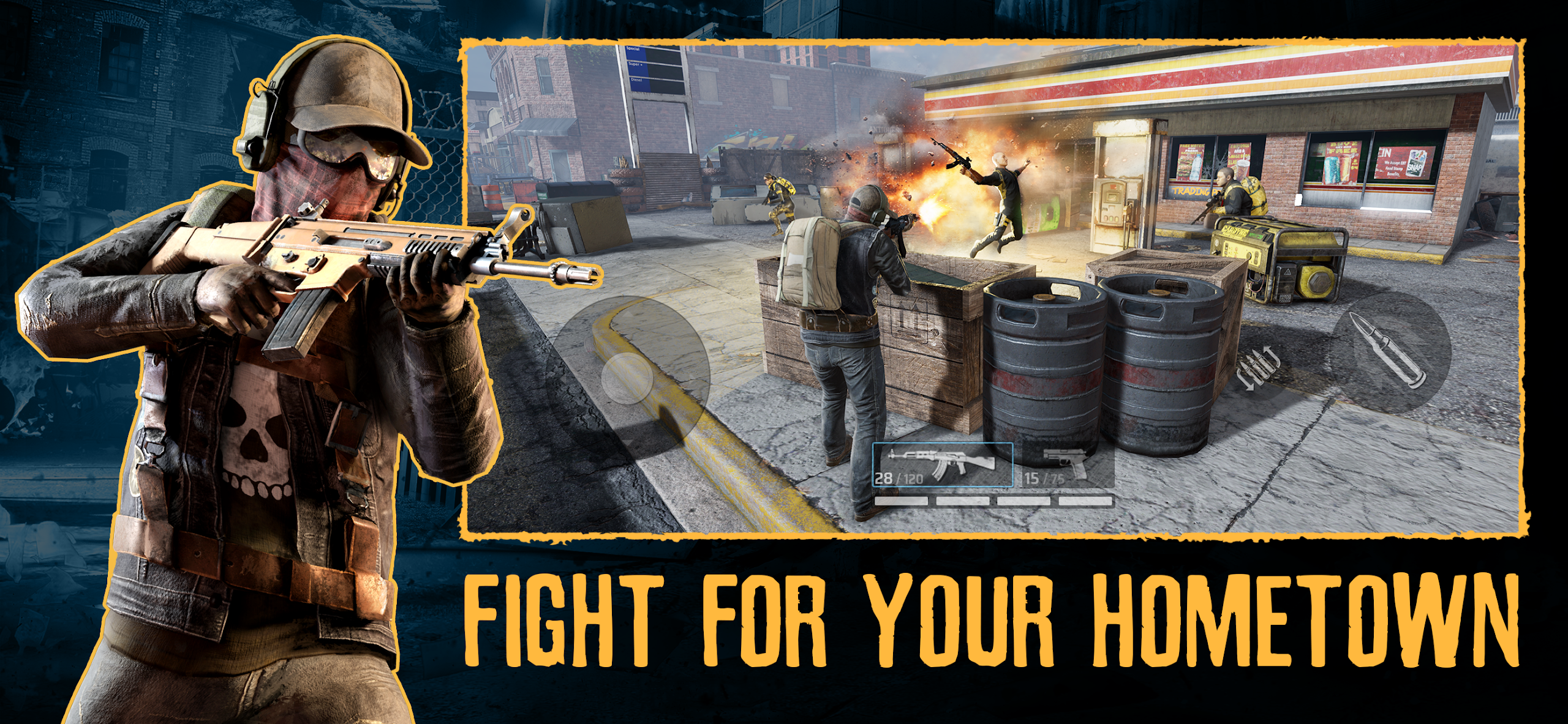 A promotional image showing Madworld's third person shooter gameplay