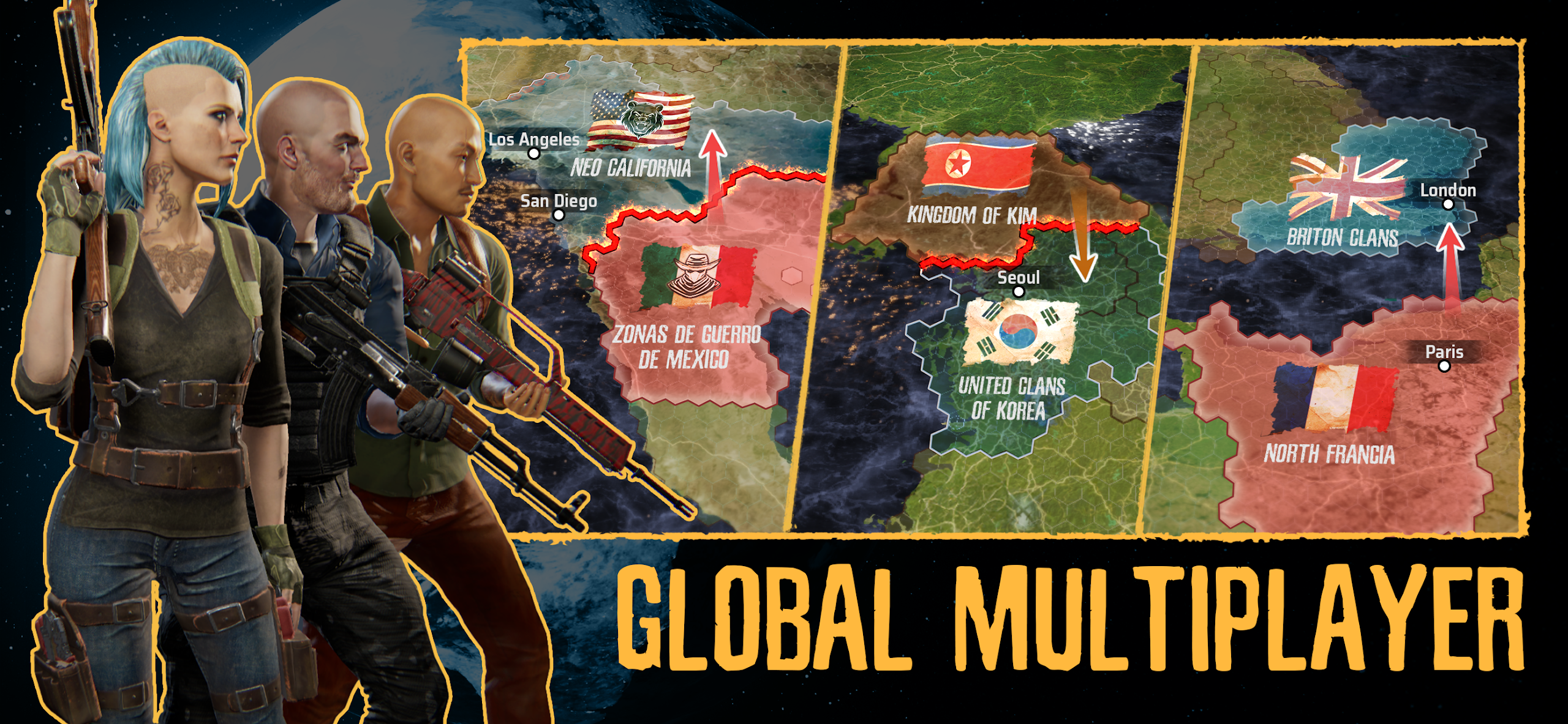 A promotional image showing Madworld's world, territory, and war systems