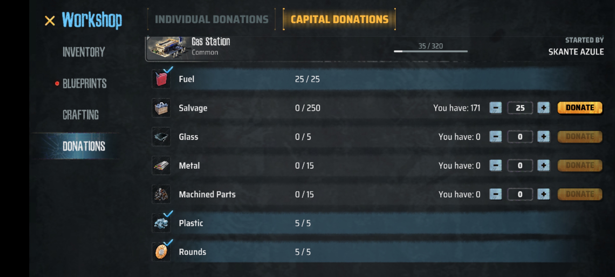 A Screenshot of MadWorld showing the donation ui with several materials and possible donations