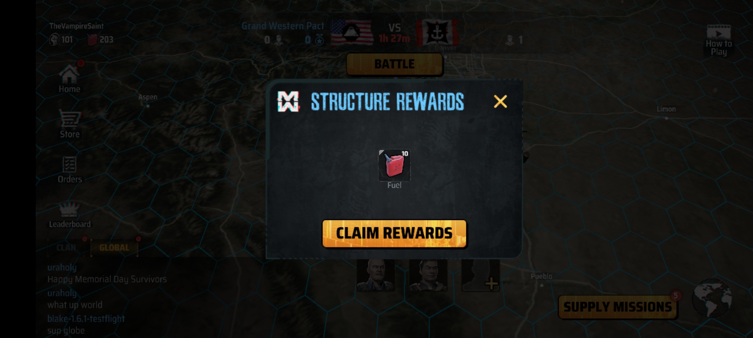 A Screenshot of MadWorld showing fuel earned as structure rewards in a pop up game ui