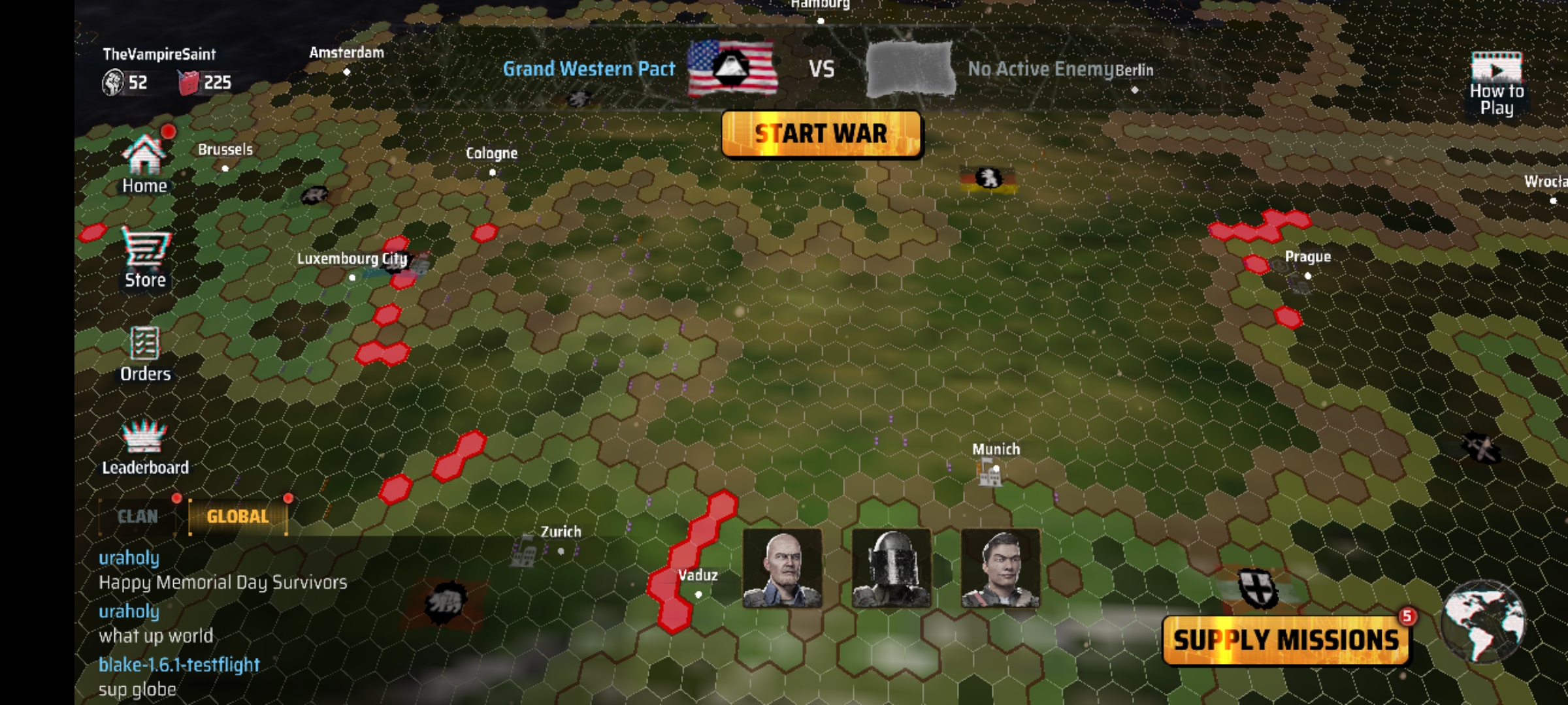 A Screenshot of the game Madworld showing several in progress wars in Europe