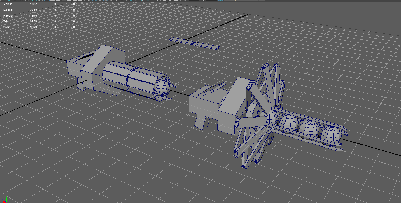 An Autodesk Maya screenshot displaying wirefram models for a science gun featuring moving plates