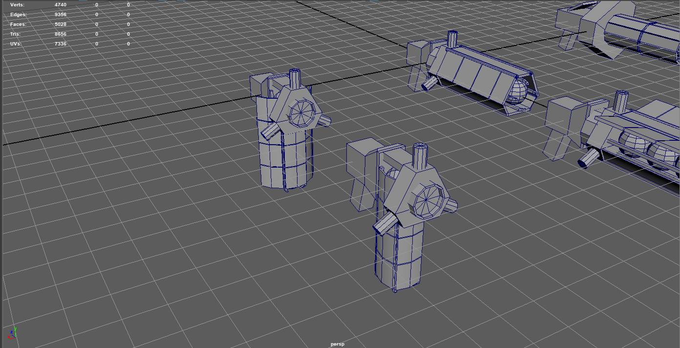 An Autodesk Maya screenshot displaying wirefram models for a science gun featuring moving plates