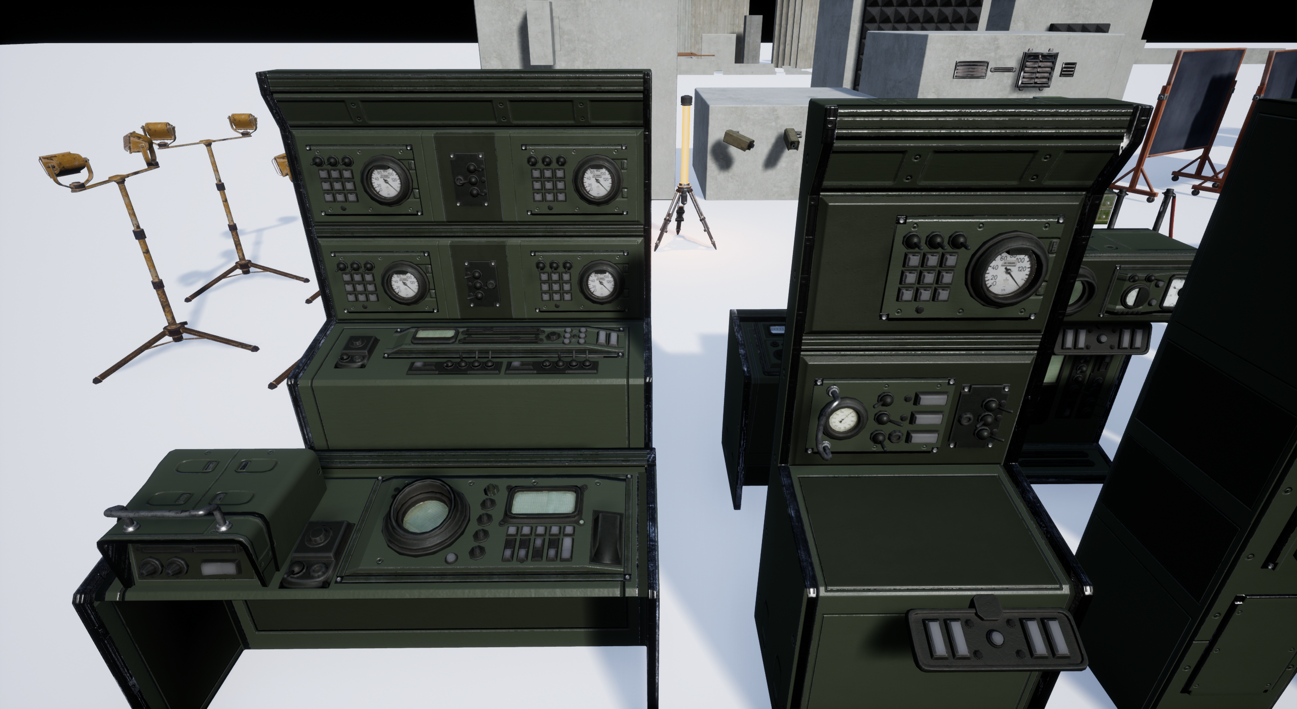 An Unreal Engine screenshot displaying a set of 50s computers