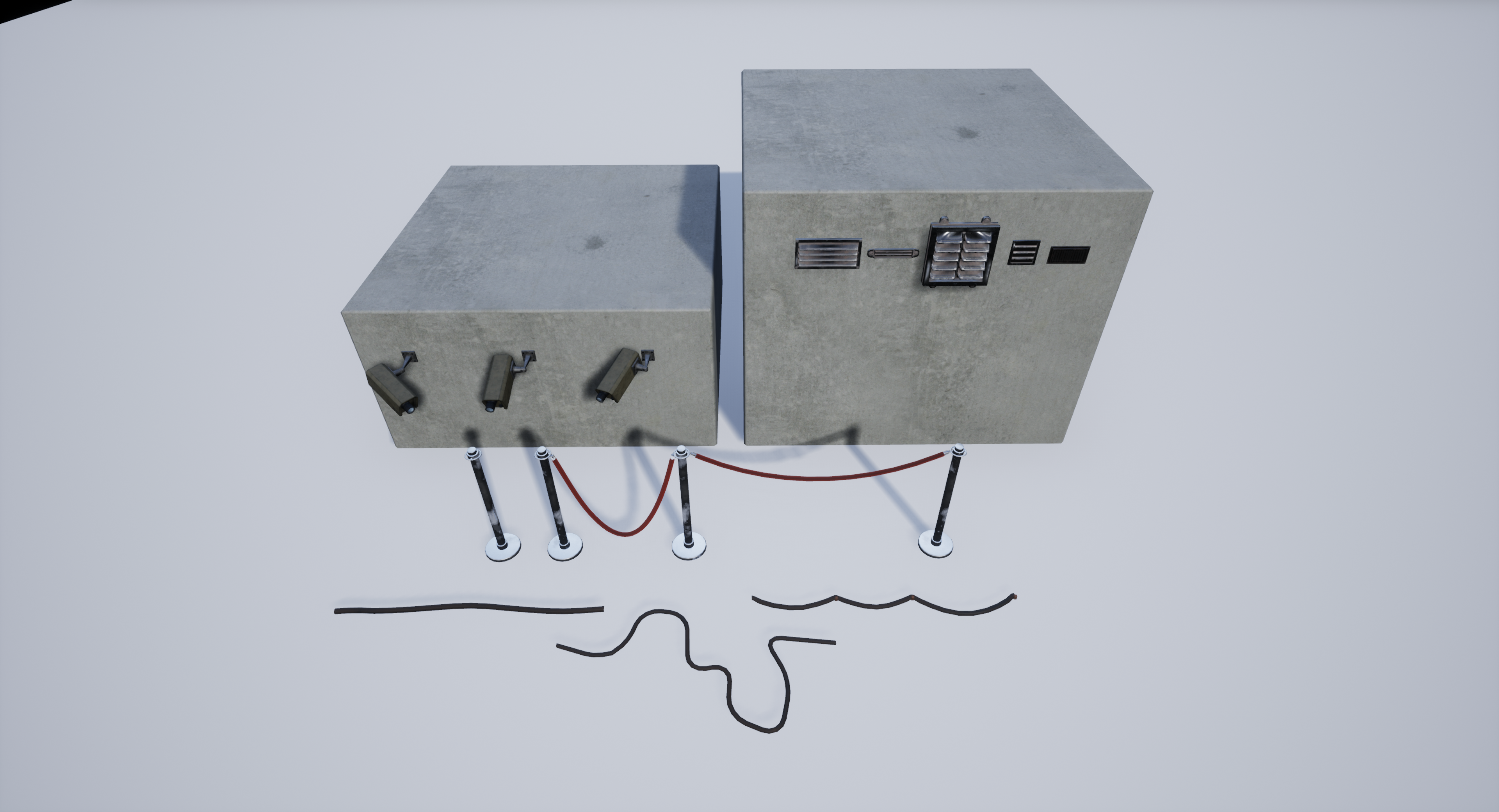 An Unreal Engine screenshot displaying a set of security cameras, stanchions, wires, and vents