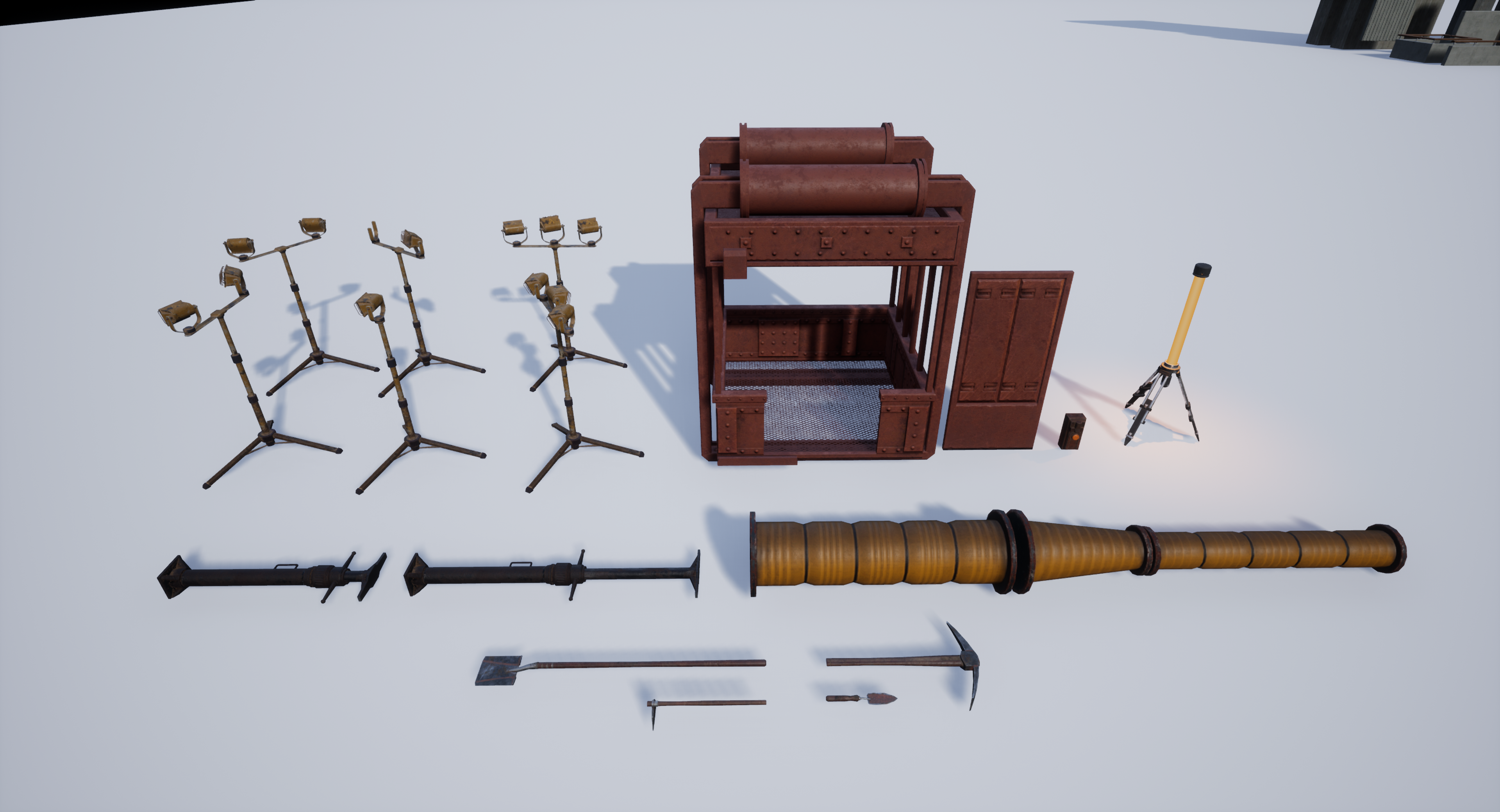 An Unreal Engine screenshot displaying a set of mining lights, pipes, jacks, and a lift