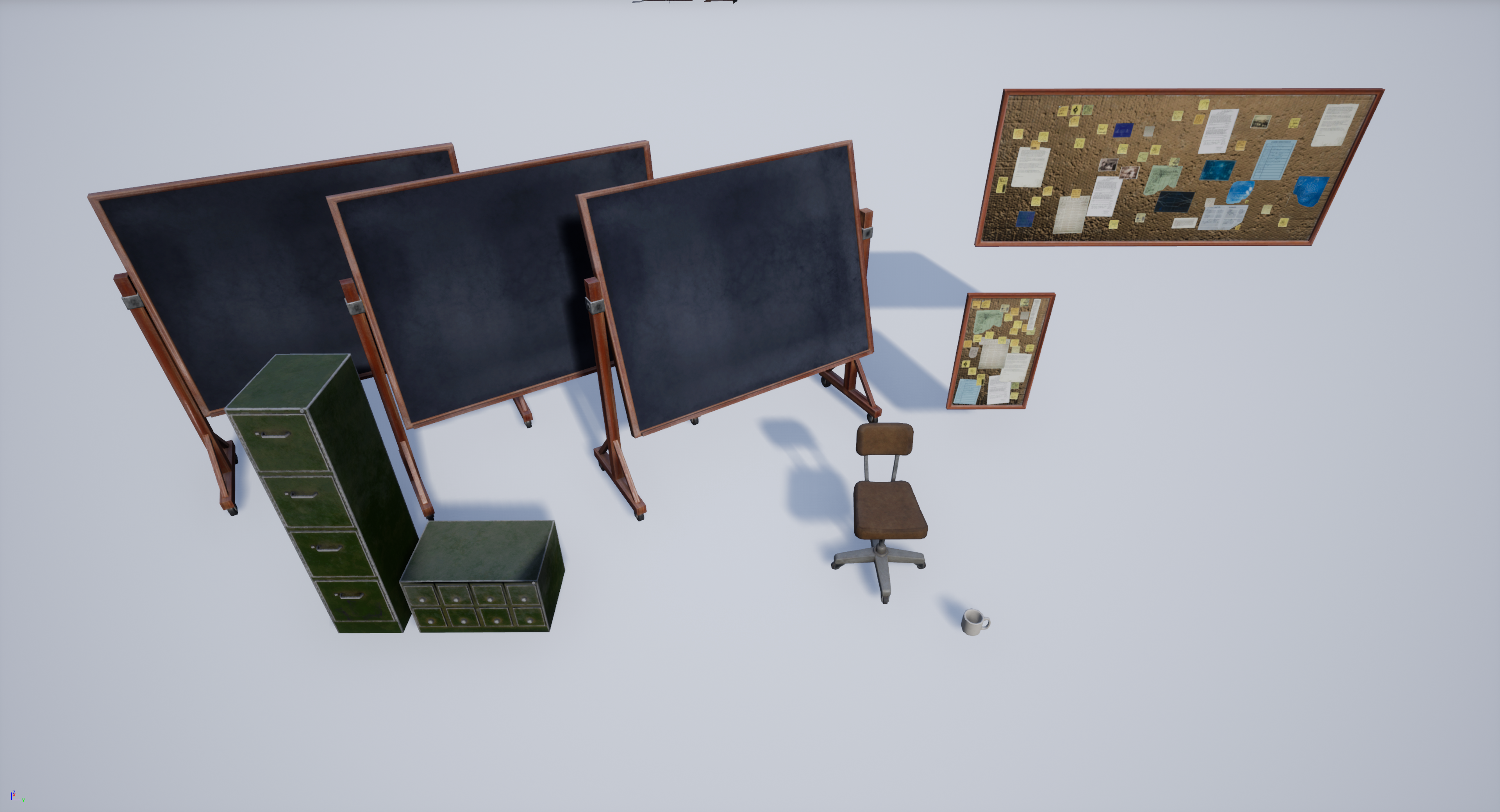 An Unreal Engine screenshot displaying a set of white and cork boards