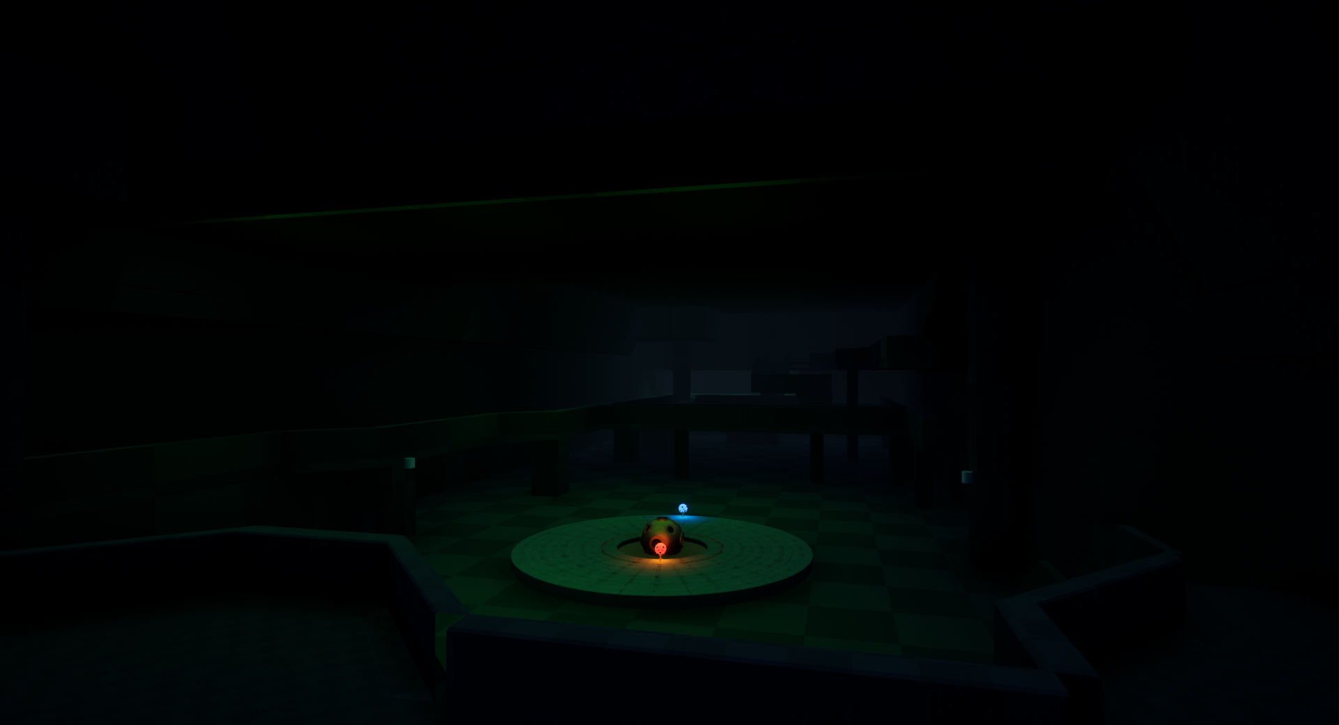 An Unreal Engine screenshot of a blockout in a dark room with a mysterious puzzle
