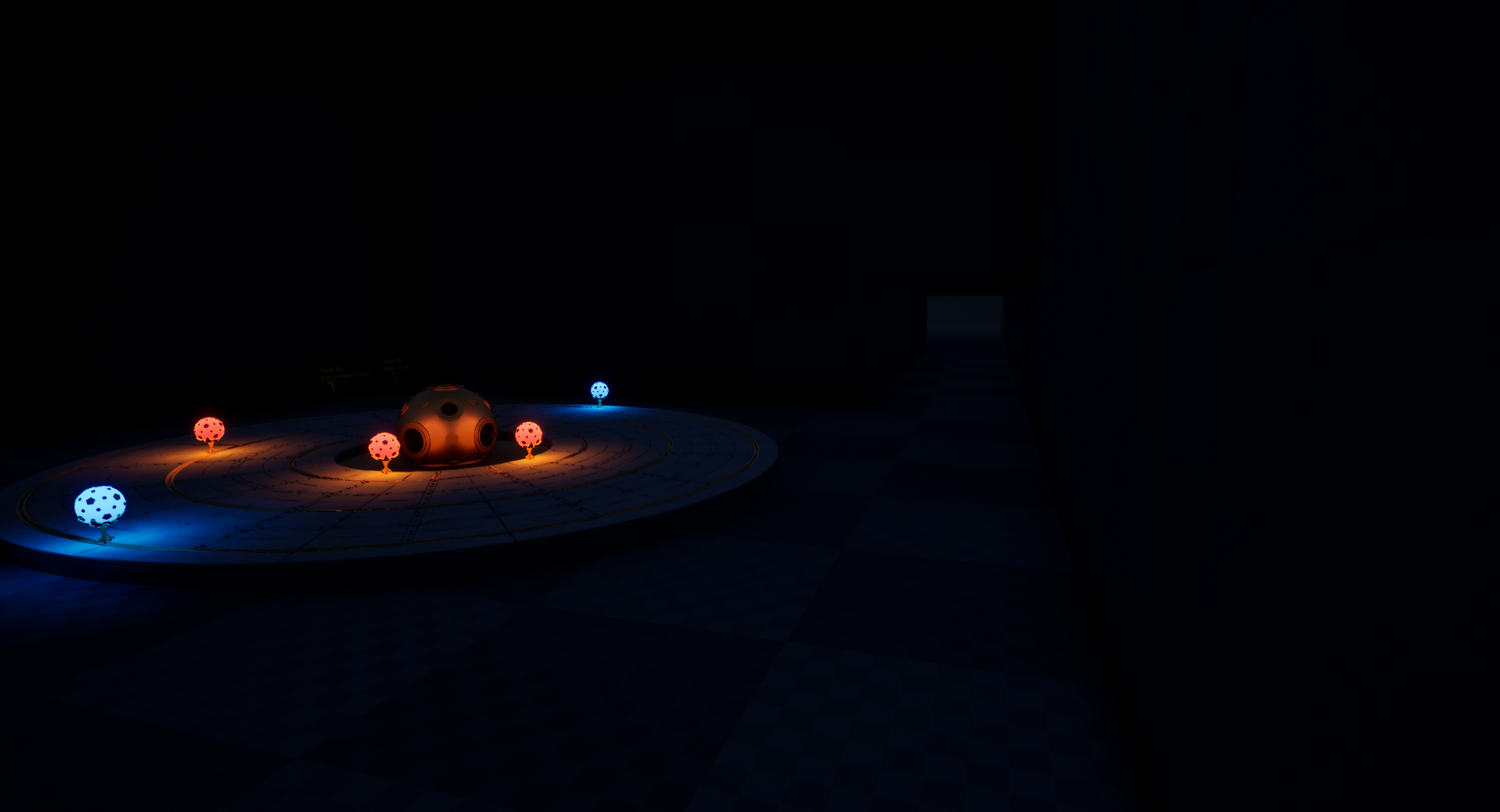An Unreal Engine screenshot of a blockout in a dark room with a mysterious puzzle