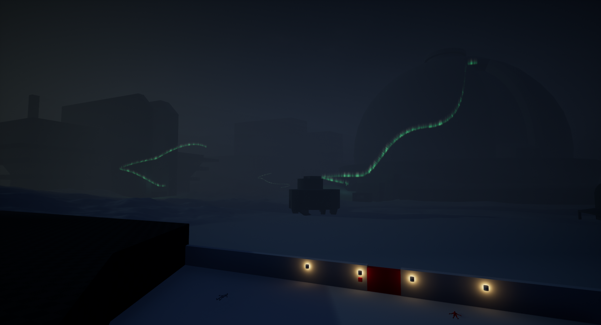 An Unreal Engine screenshot of a blockout in the antarctic at night with several brutalist buildings and the Aurora Borealis