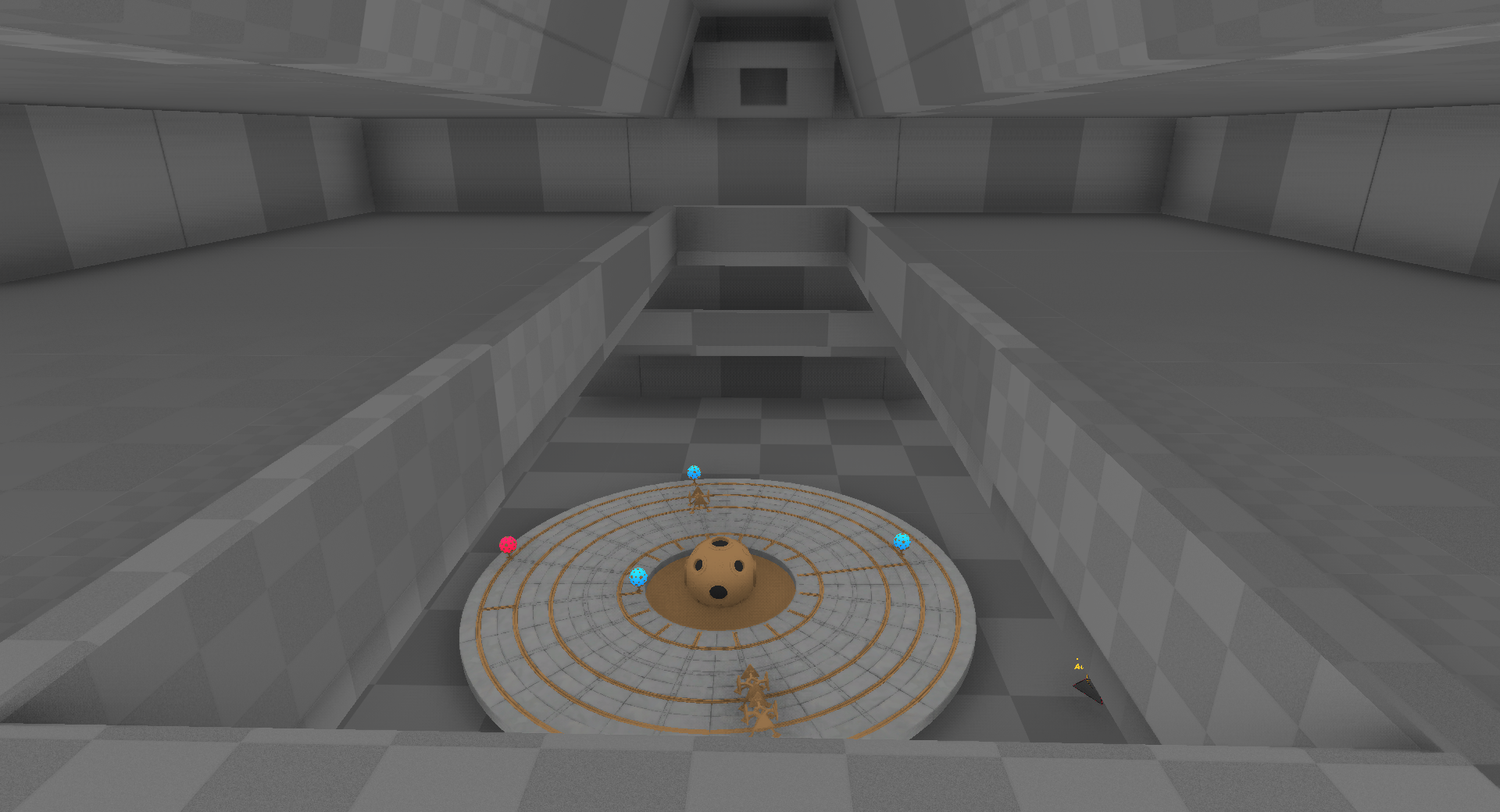 An Unreal Engine screenshot of a blockout in an unlit room with a mysterious puzzle