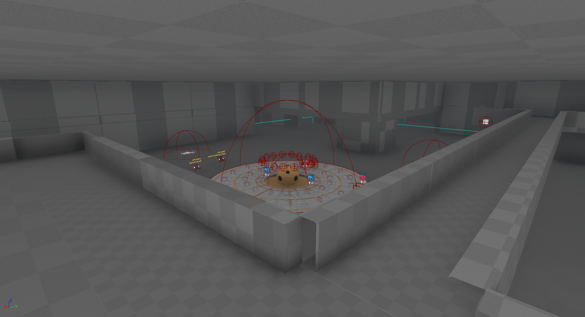 An Unreal Engine screenshot of a blockout in an unlit room with a mysterious puzzle