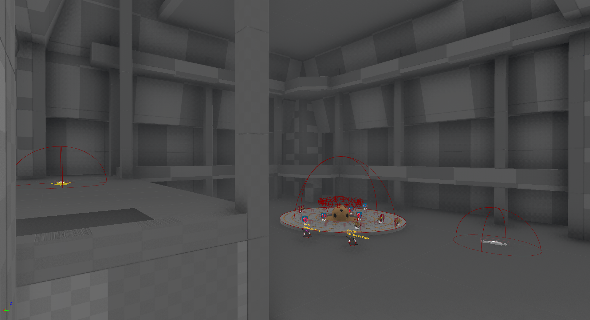 An Unreal Engine screenshot of a blockout in an unlit room with a mysterious puzzle