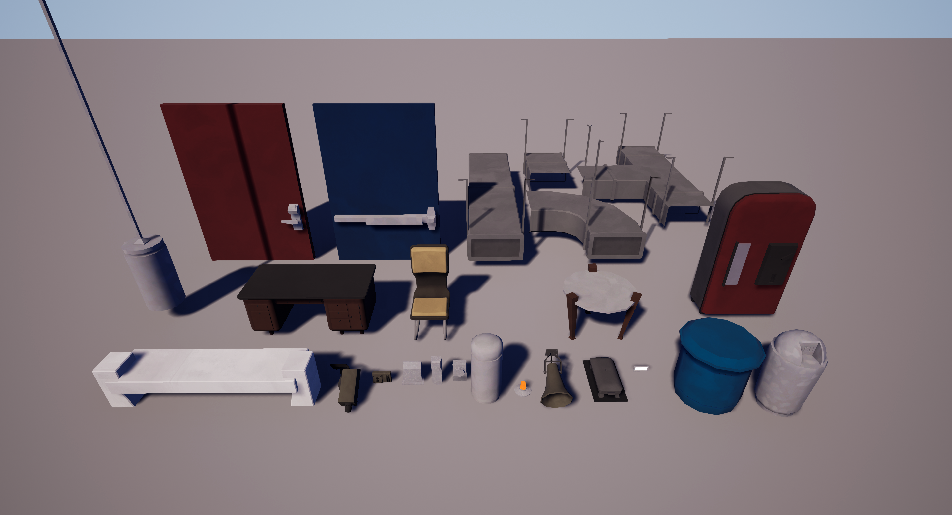 An Unreal Engine screenshot of a set of environment art assets for a general corporate building