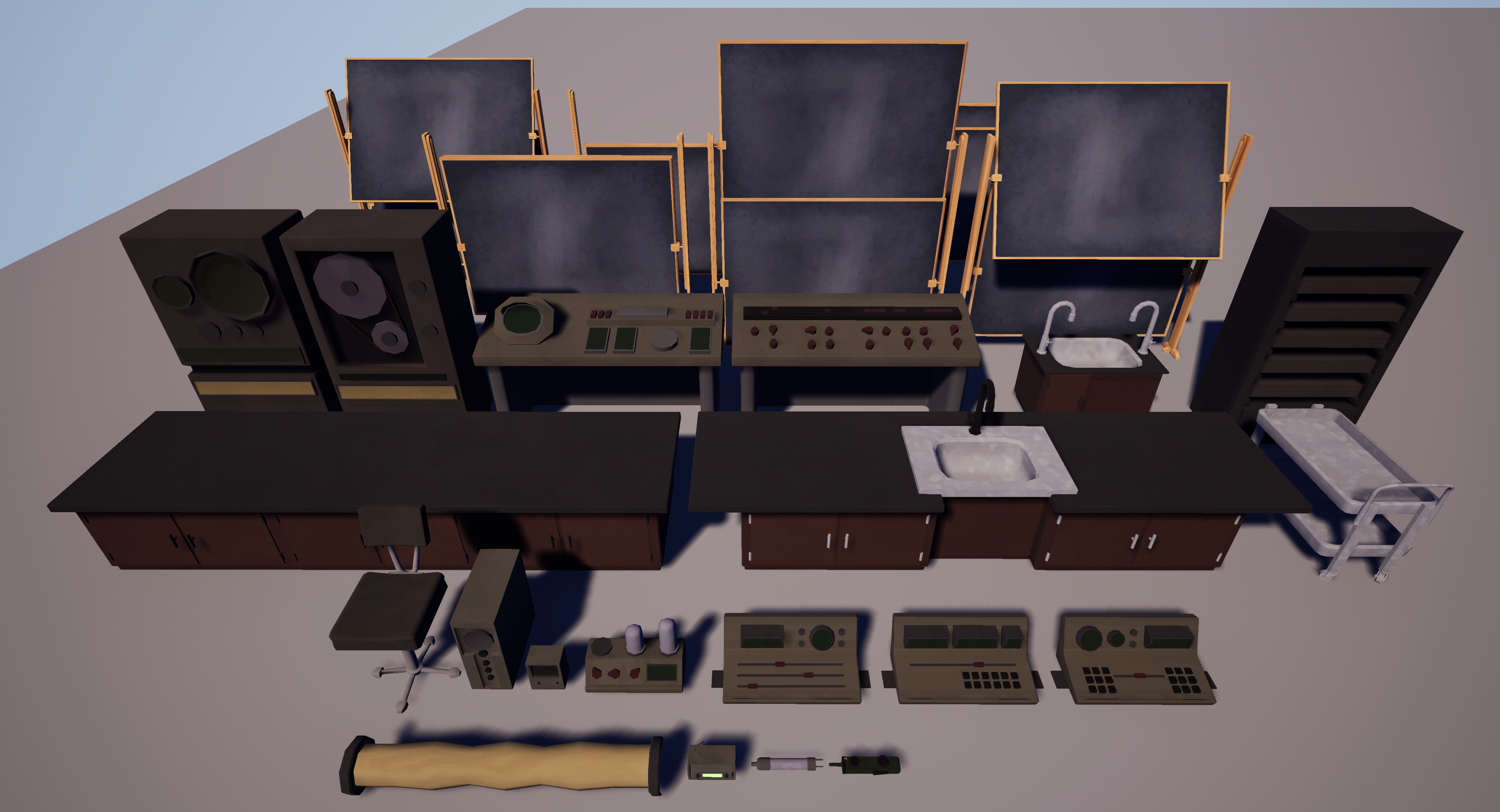 An Unreal Engine screenshot of a set of environment art assets for a 50s science lab