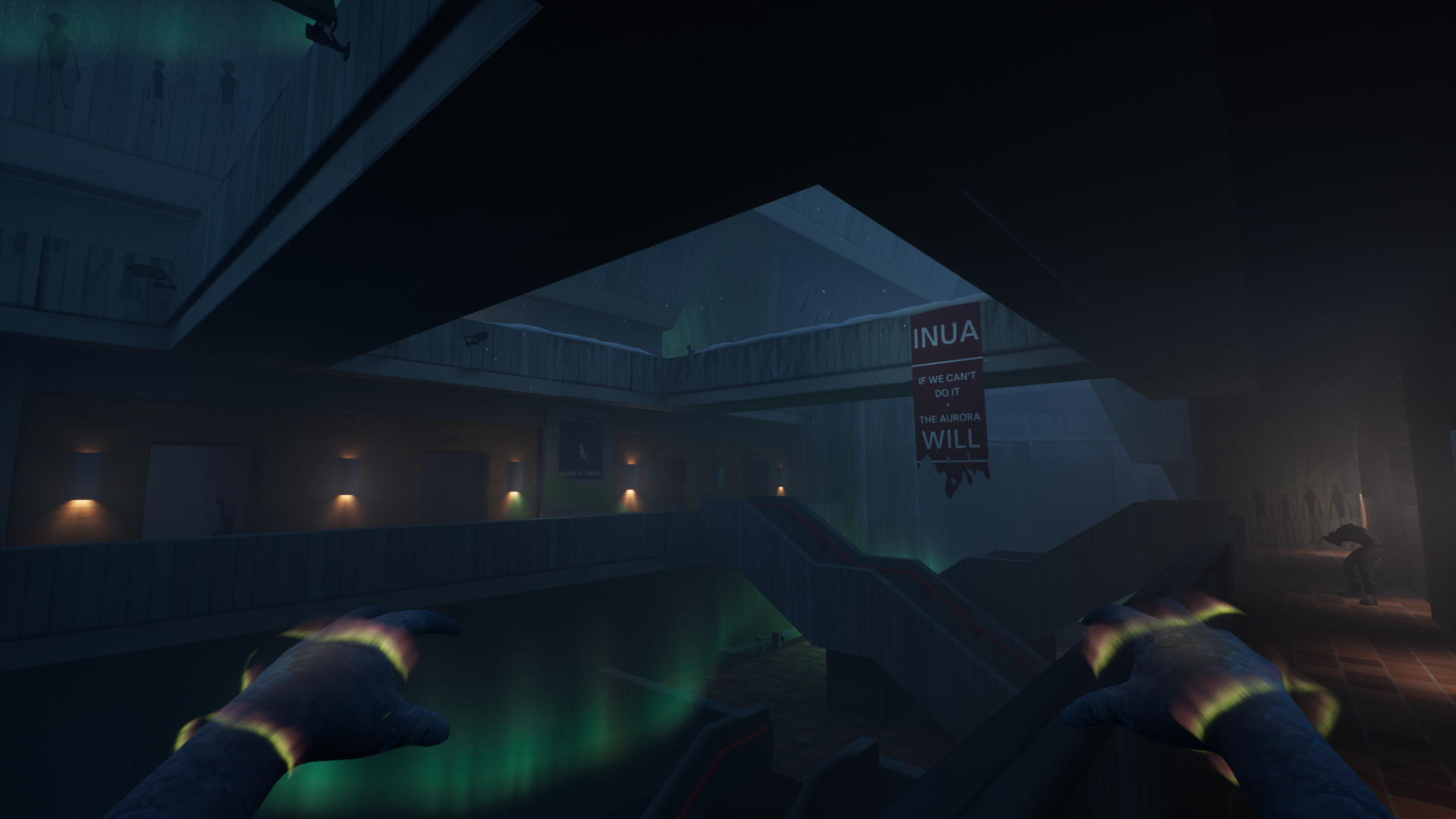 An Unreal Engine screenshot displaying a brutalist liminal space with the aurora borealis passing through