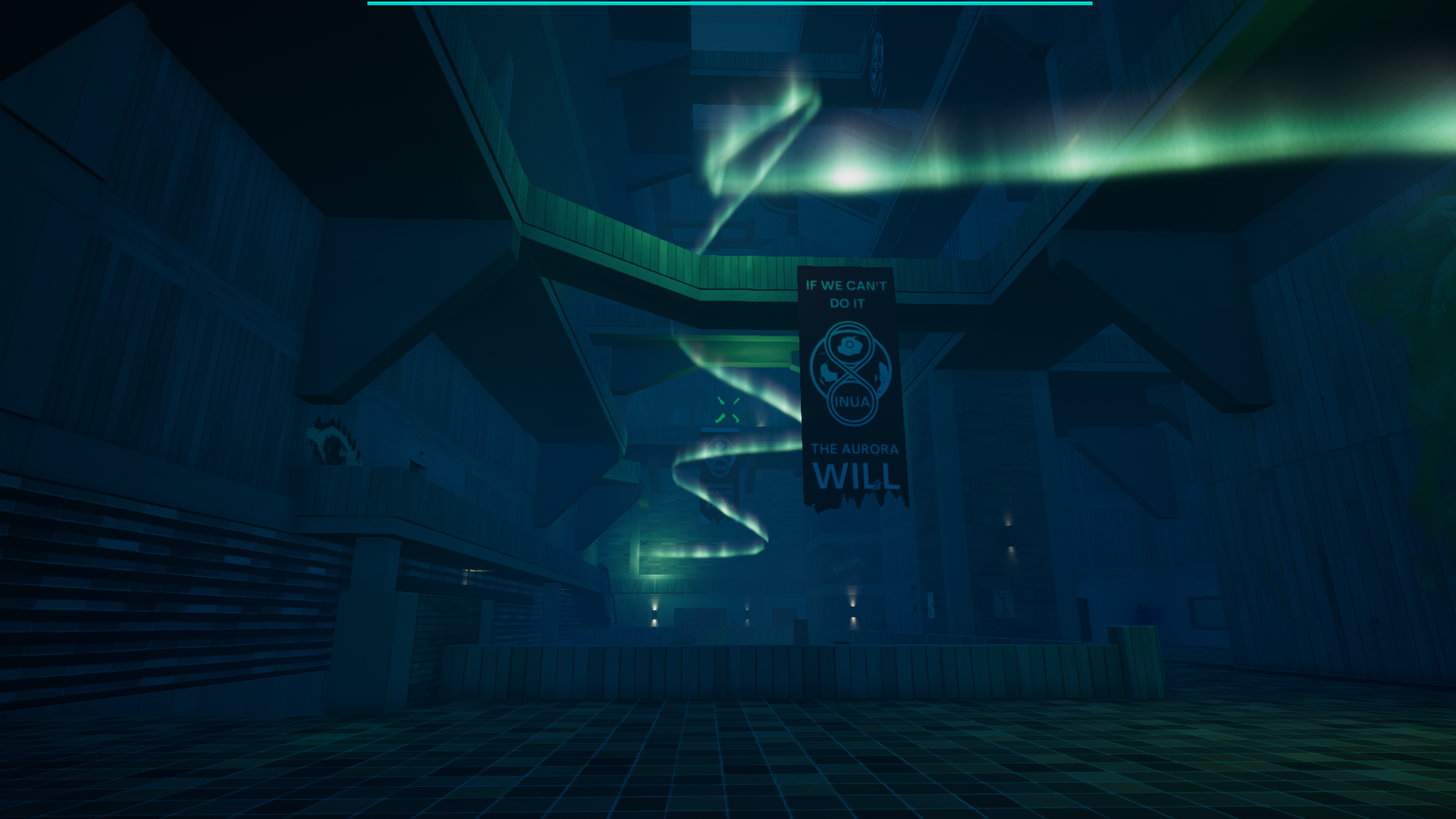 An Unreal Engine screenshot displaying a brutalist liminal space with the aurora borealis passing through