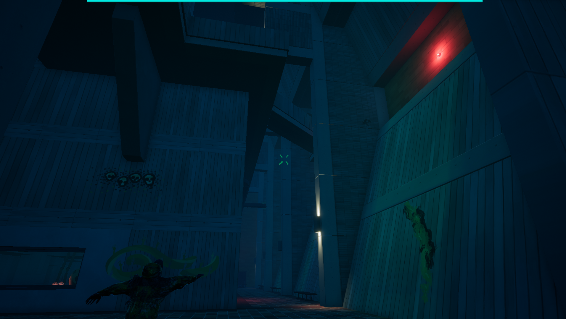 An Unreal Engine screenshot displaying a brutalist liminal space lit by a red emergency light
