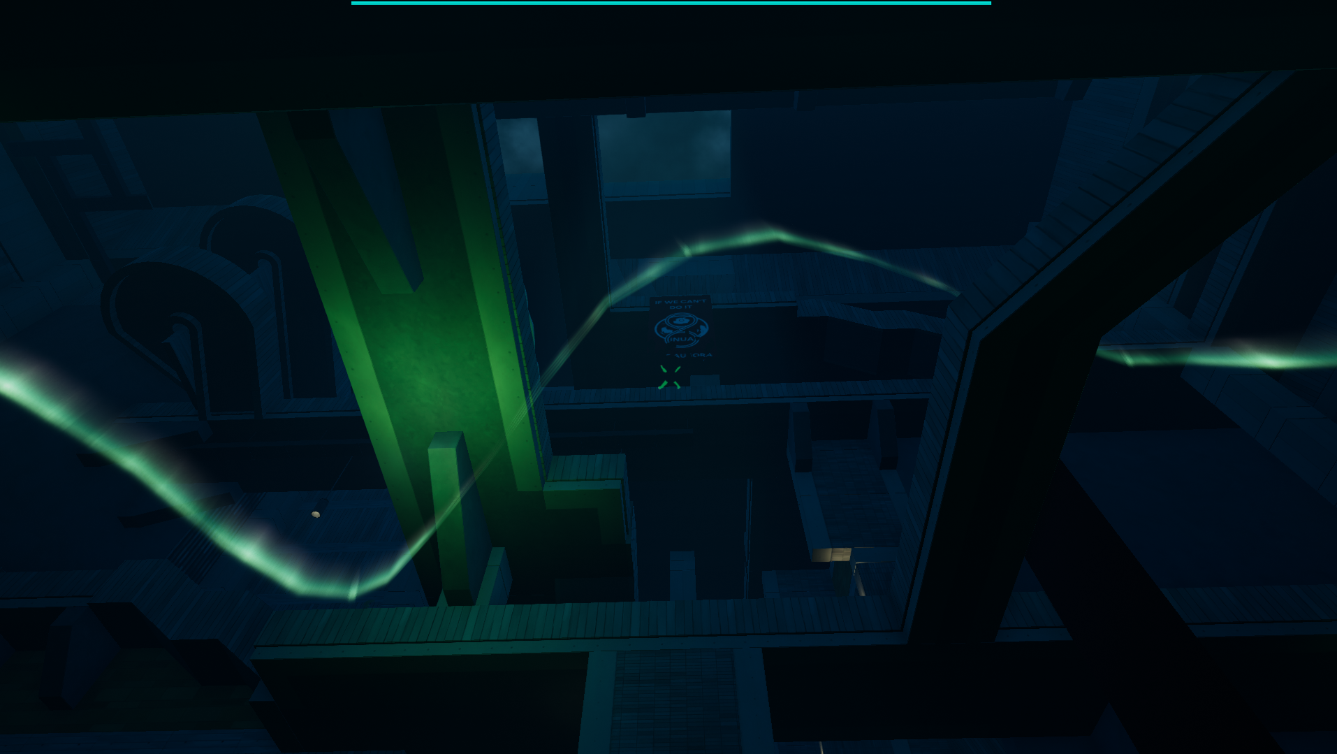 An Unreal Engine screenshot displaying a highly vertical brutalist liminal space with the aurora borealis passing through