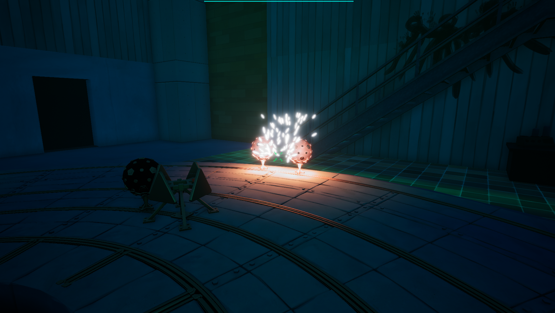 An Unreal Engine screenshot displaying a brutalist lab with sparking lab equipment