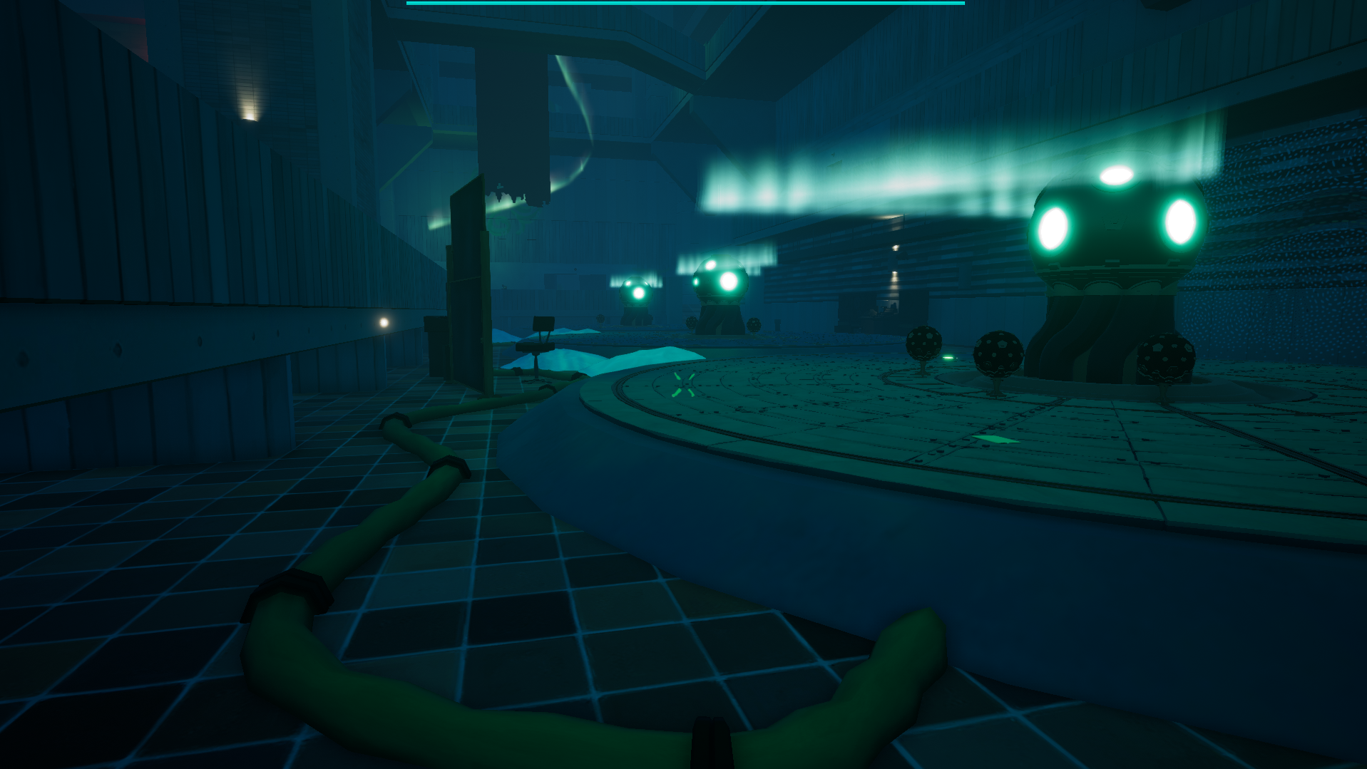 An Unreal Engine screenshot displaying a brutalist lab filled with mysterious equipment and lit by the aurora