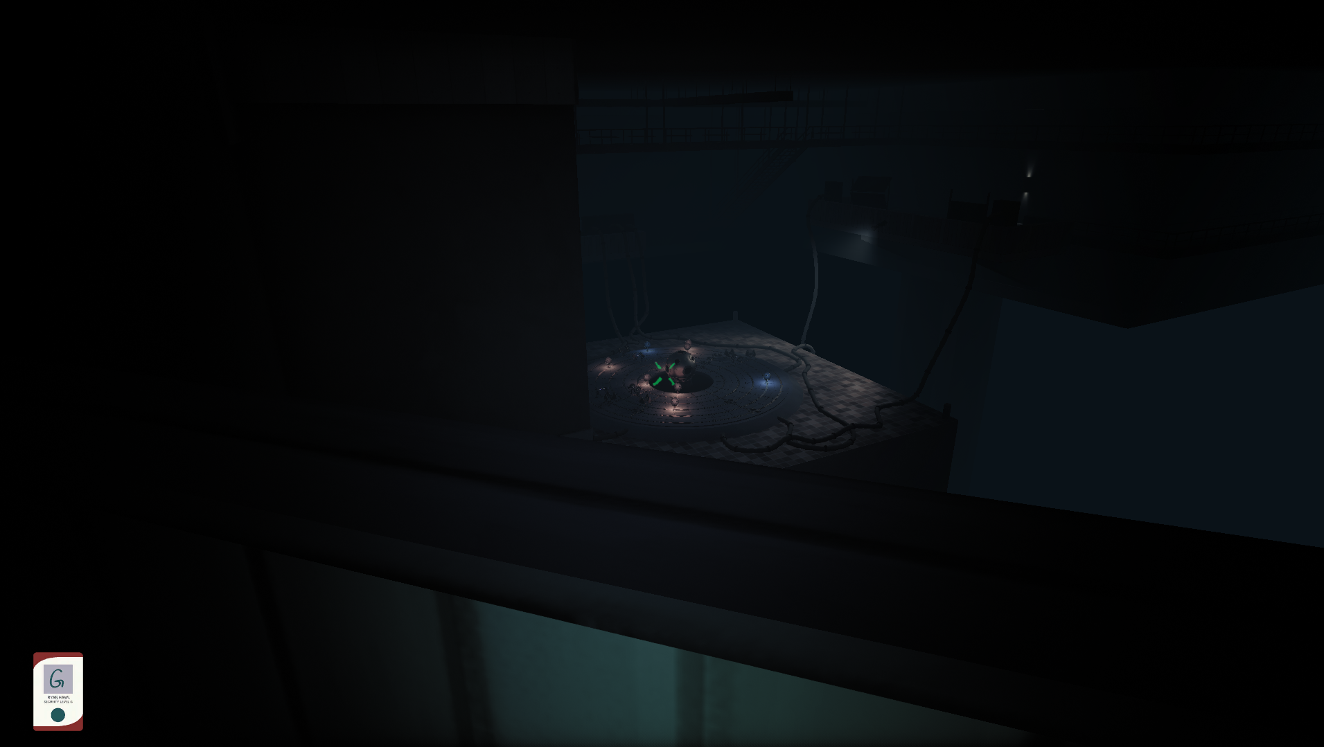 An Unreal Engine screenshot displaying a dark abyss and a strange piece of scientific equipment in the distance