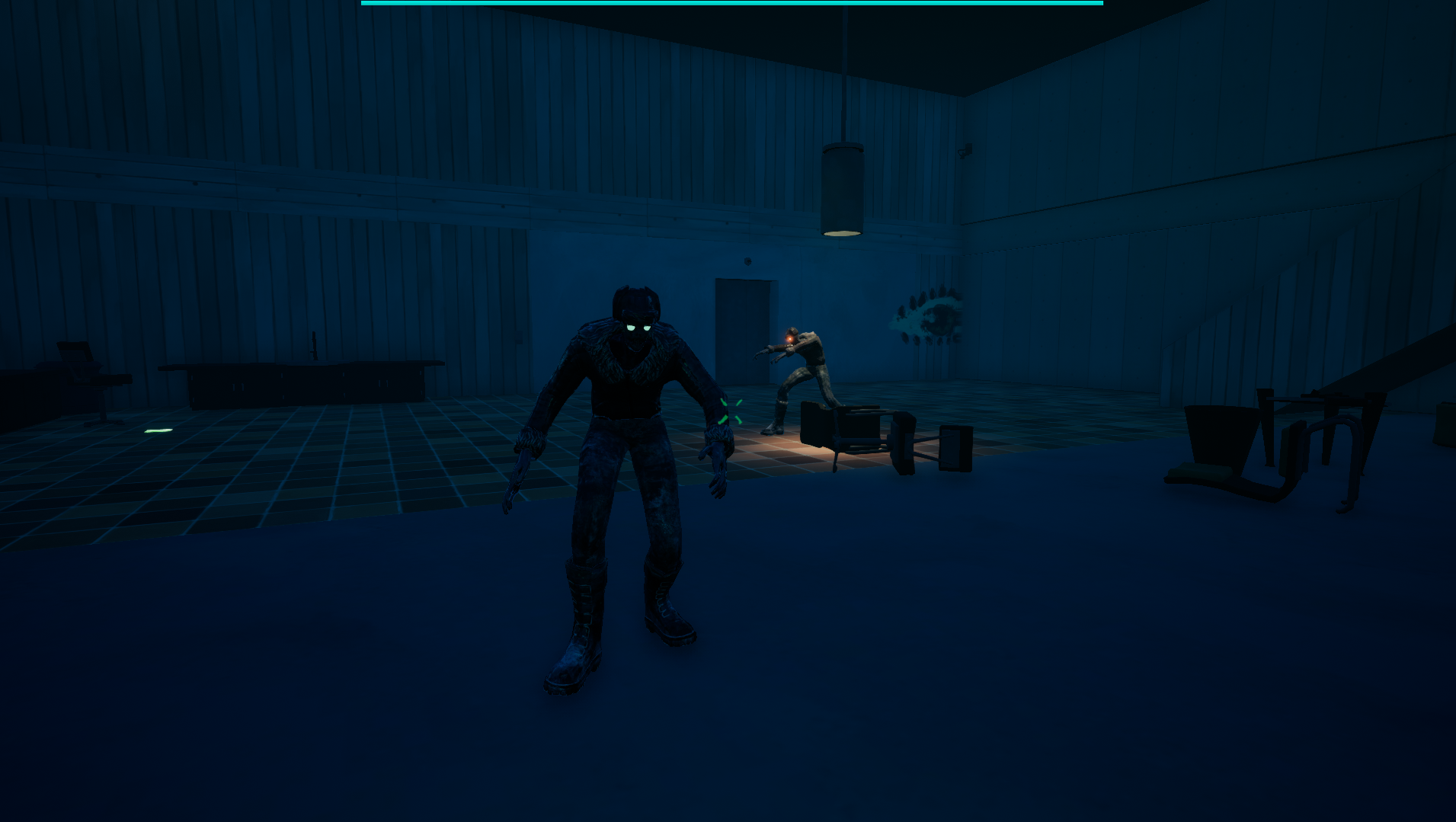 An Unreal Engine screenshot displaying a brutalist lab overrun with undead wearing winter equipment