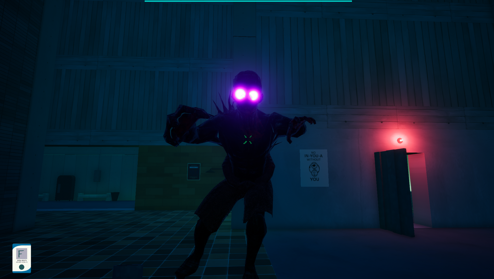 An Unreal Engine screenshot displaying a brutalist lab with a large, ethereal creature nearby