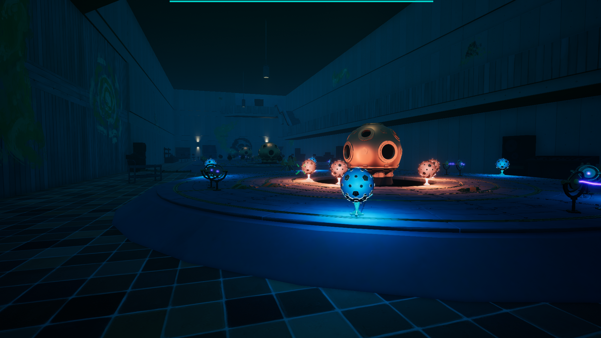 An Unreal Engine screenshot of a dark brutalist laboratory filled with science equipment and mysterious machines