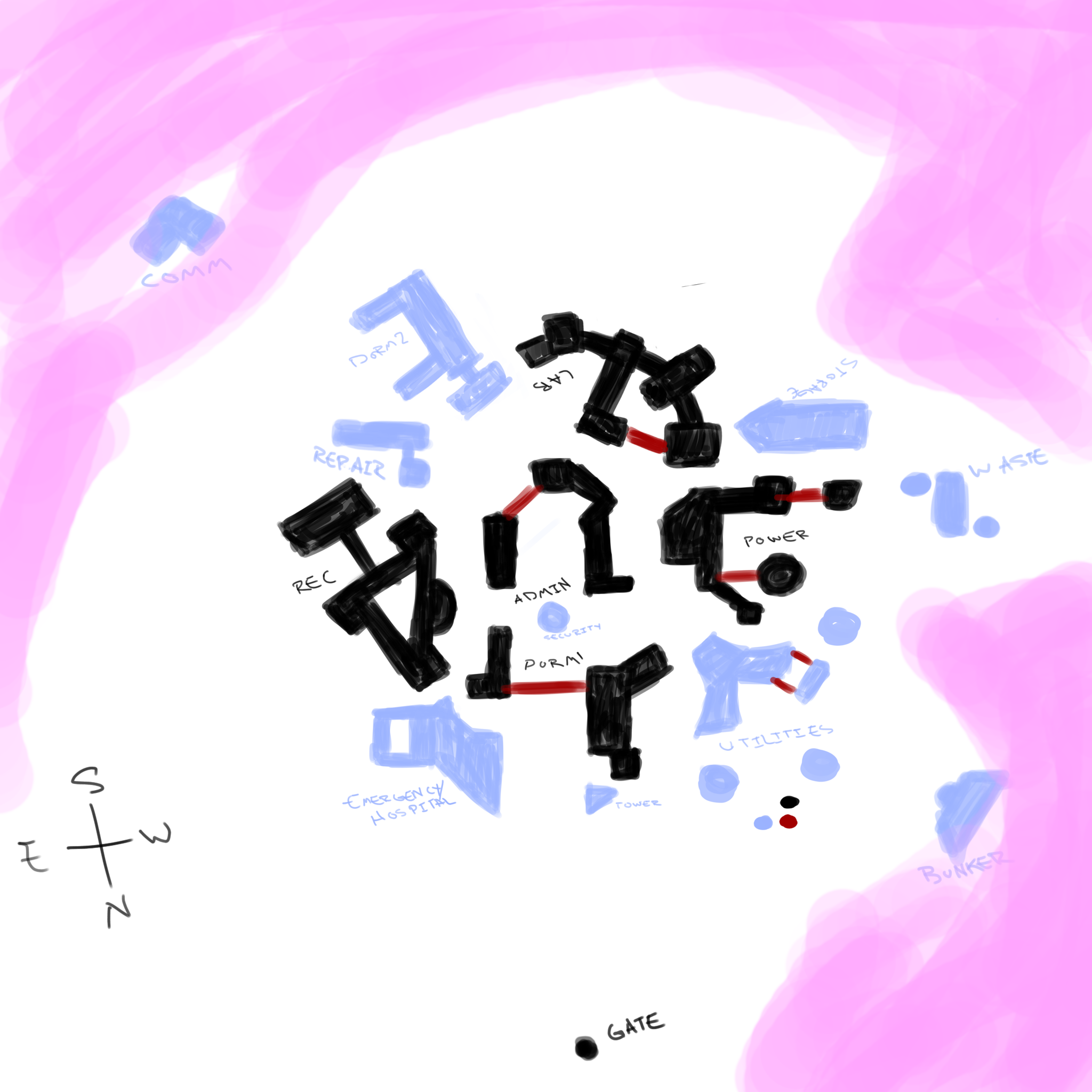 A paper sketch of a video game level topdown taking place in a large facility