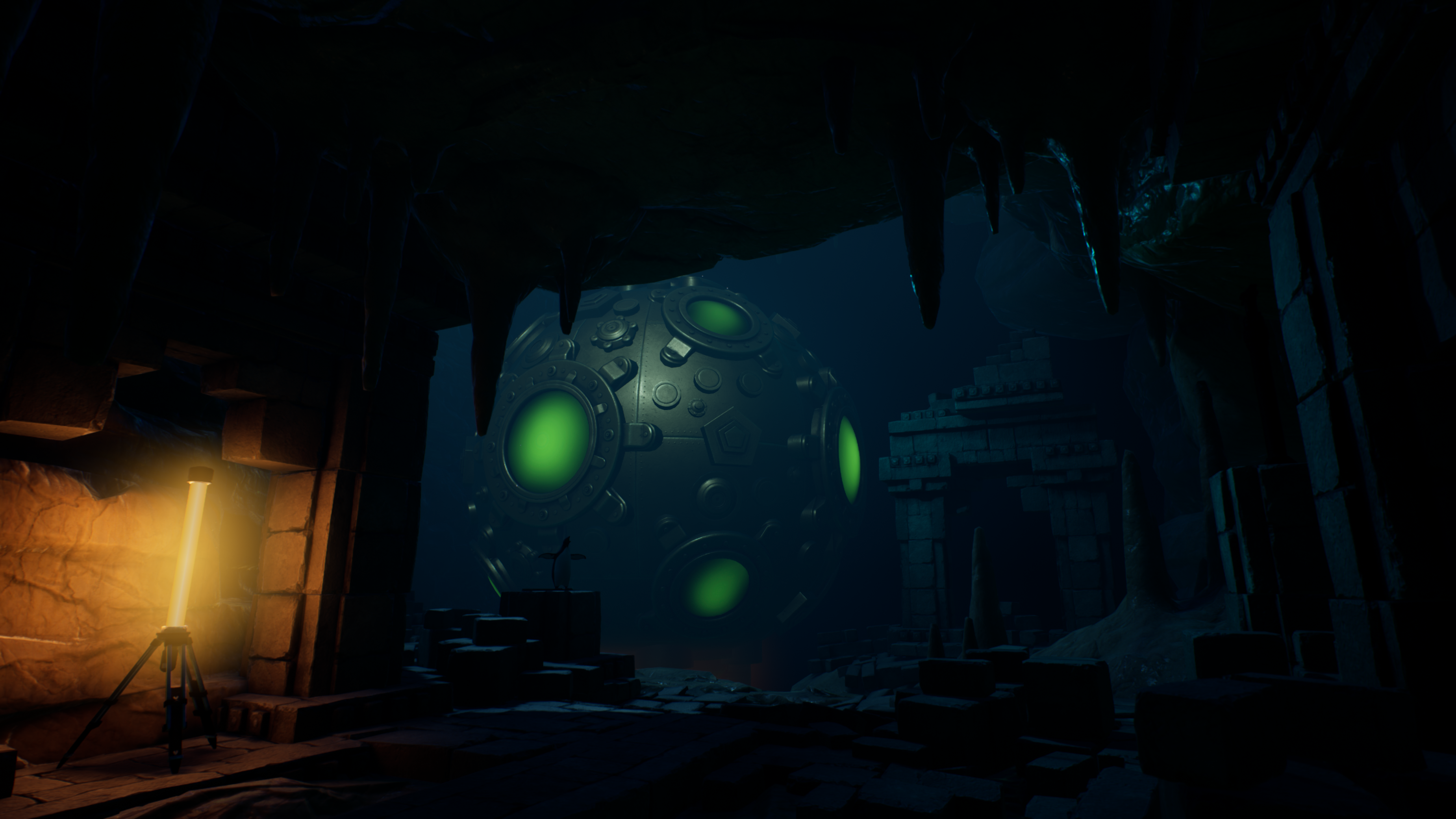 An Unreal Engine screenshot displaying a large, mysterious machine in a cave