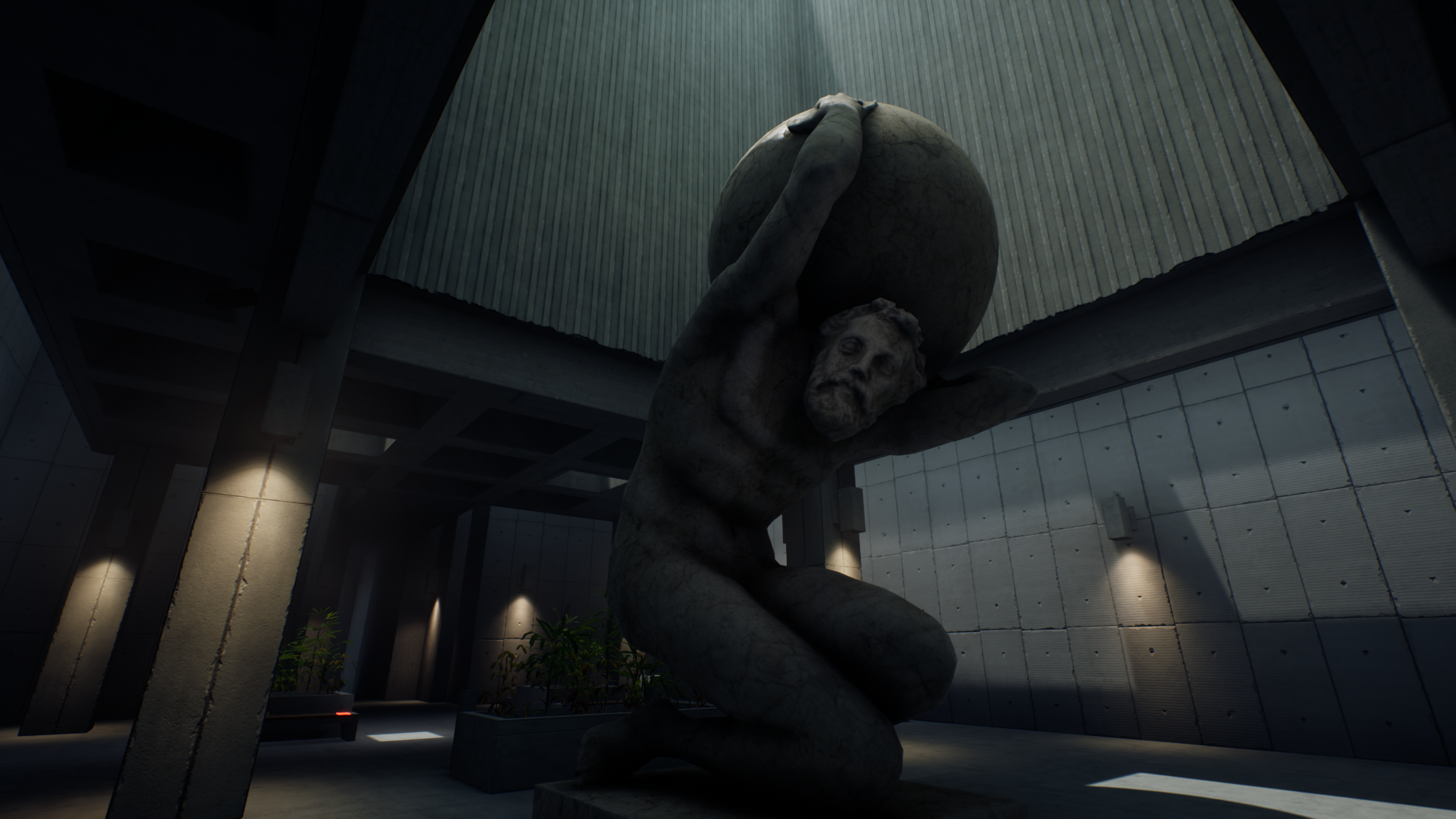 An Unreal Engine screenshot displaying a britalist office lobby with a statue of Atlas