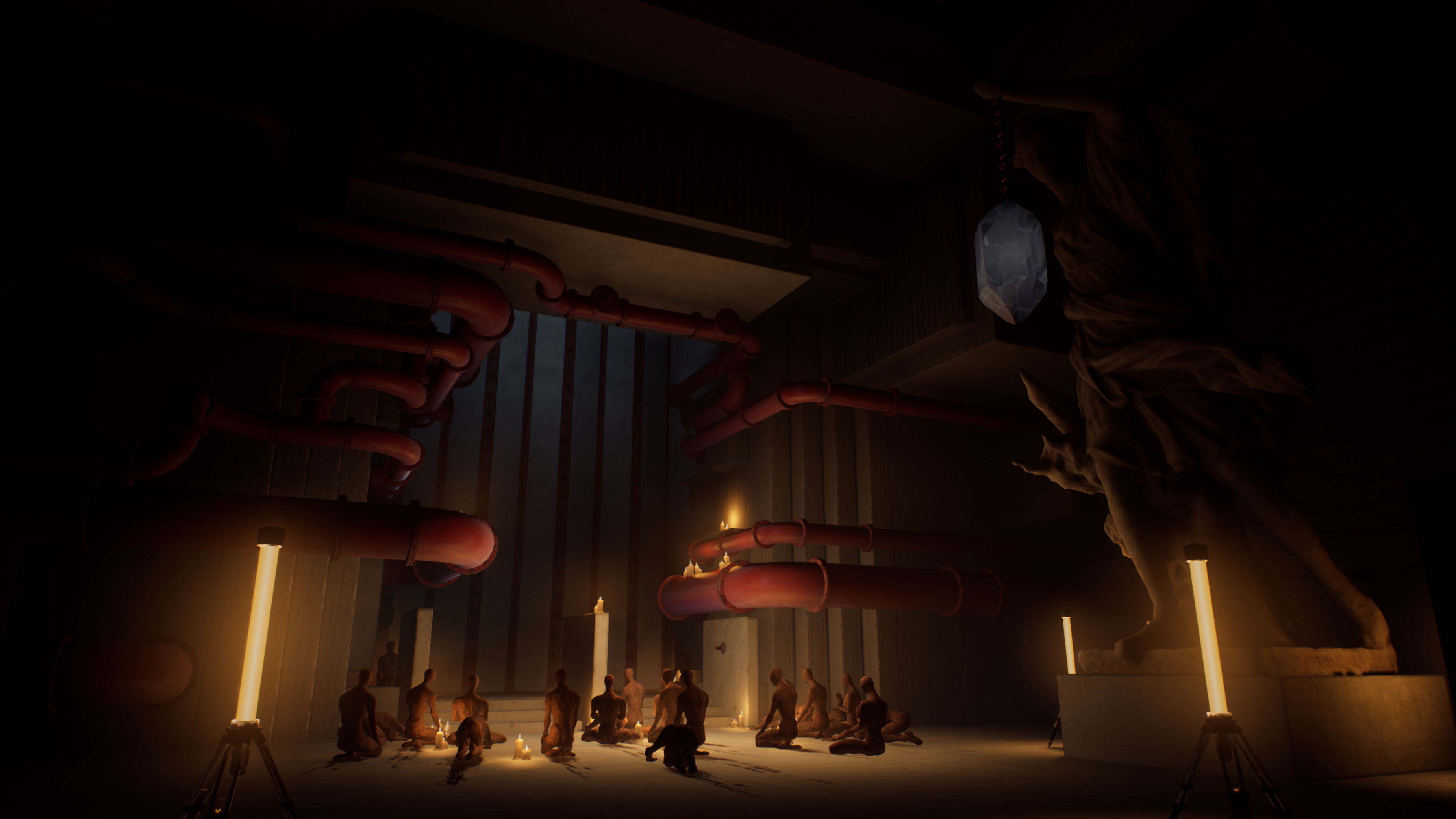 An Unreal Engine screenshot displaying a brutalist gateway lit by candles and kneeling mummies