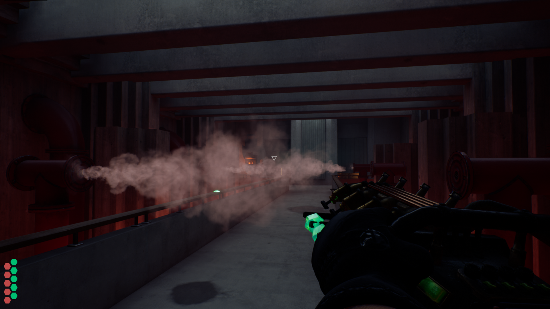 An Unreal Engine screenshot displaying a brutalist maintenance hall full of pipes and steam